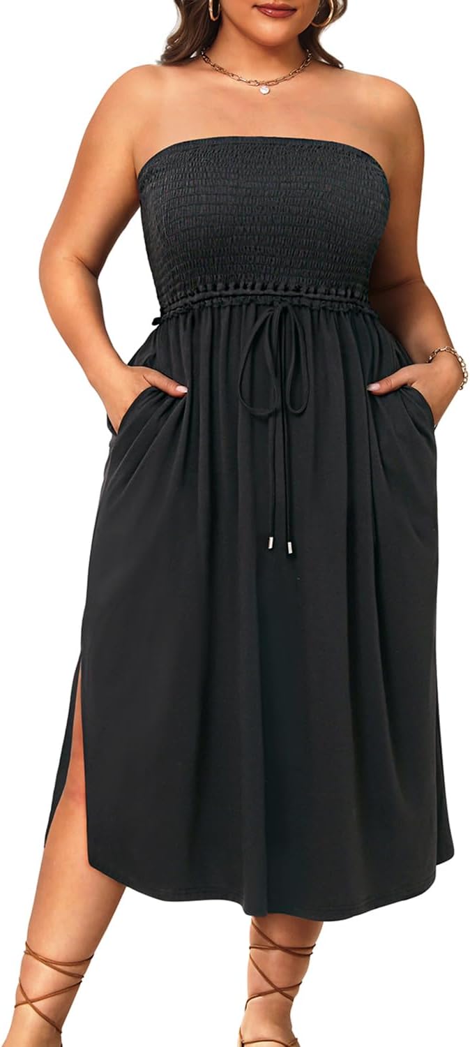 Pinup Fashion Plus Size Swimsuit Cover Ups Women Strapless Midi Sundress with Pockets