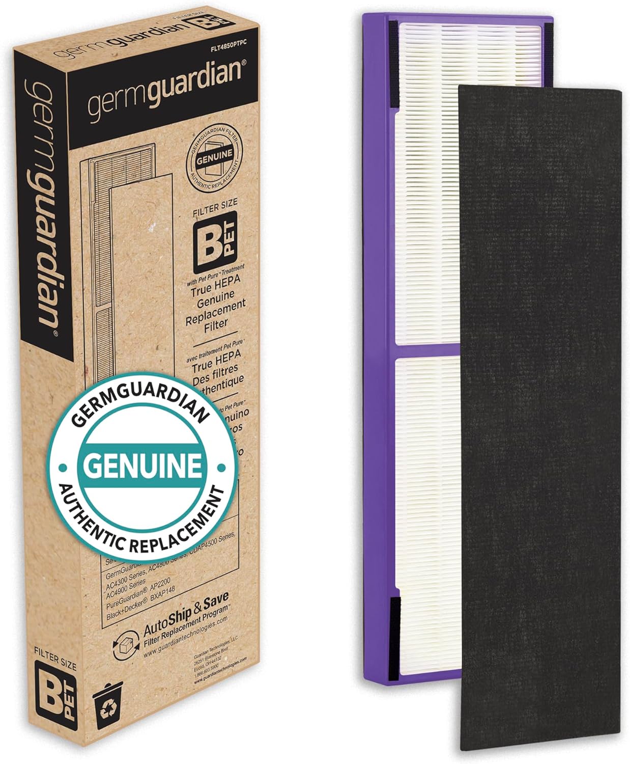 Germ Guardian FLT4850PT True HEPA Genuine Air Purifier Replacement Filter B, with Pet Pure Treatment for GermGuardian C4900, AC4825, AC4850PT, CDAP4500, AC4300, and More