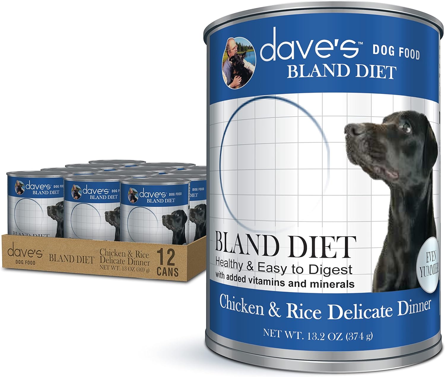 Dave's Pet Food Bland Diet Dog Food (Chicken & Rice), Easy to Digest, Gluten-Free Canned Wet Dog Food for Sensitive Stomach, Dave's Dog Food, 13.2 Ounce (Pack of 12)