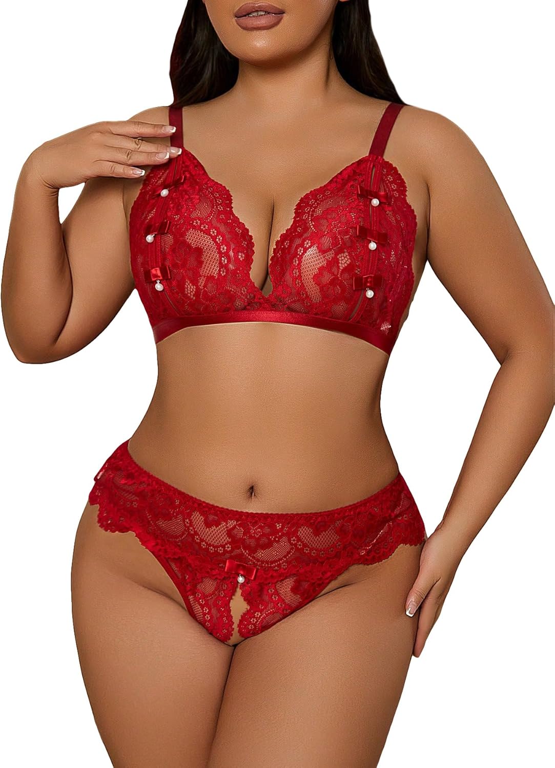 SOLY HUX Lingerie for Women Plus Size Sheer Lace Bra and Panty Lingerie Set