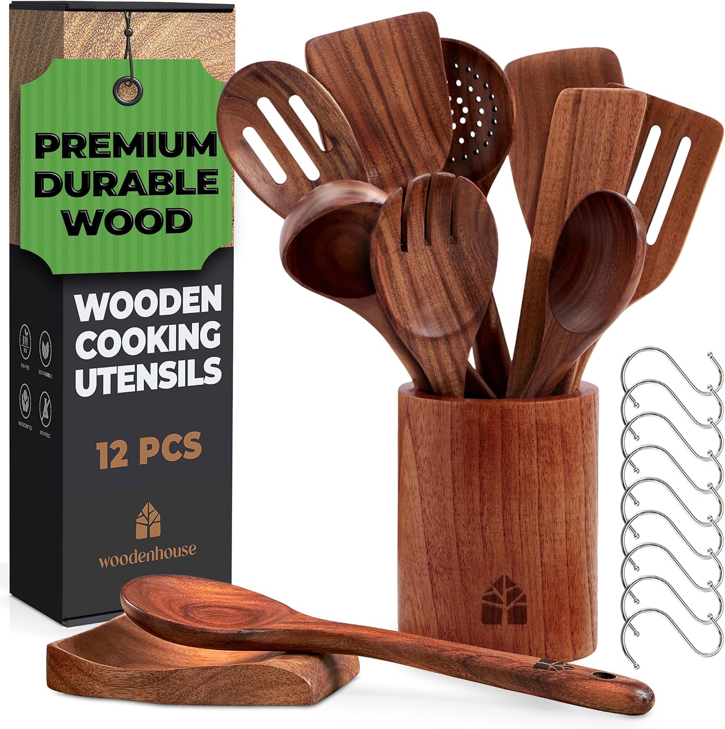 Wooden Spoons for Cooking  Wooden Cooking Utensils Set with Holder, Spoon Rest & Hooks, Teak Wood Nonstick Kitchen Cookware  Durable Set of 12pcs by Woodenhouse