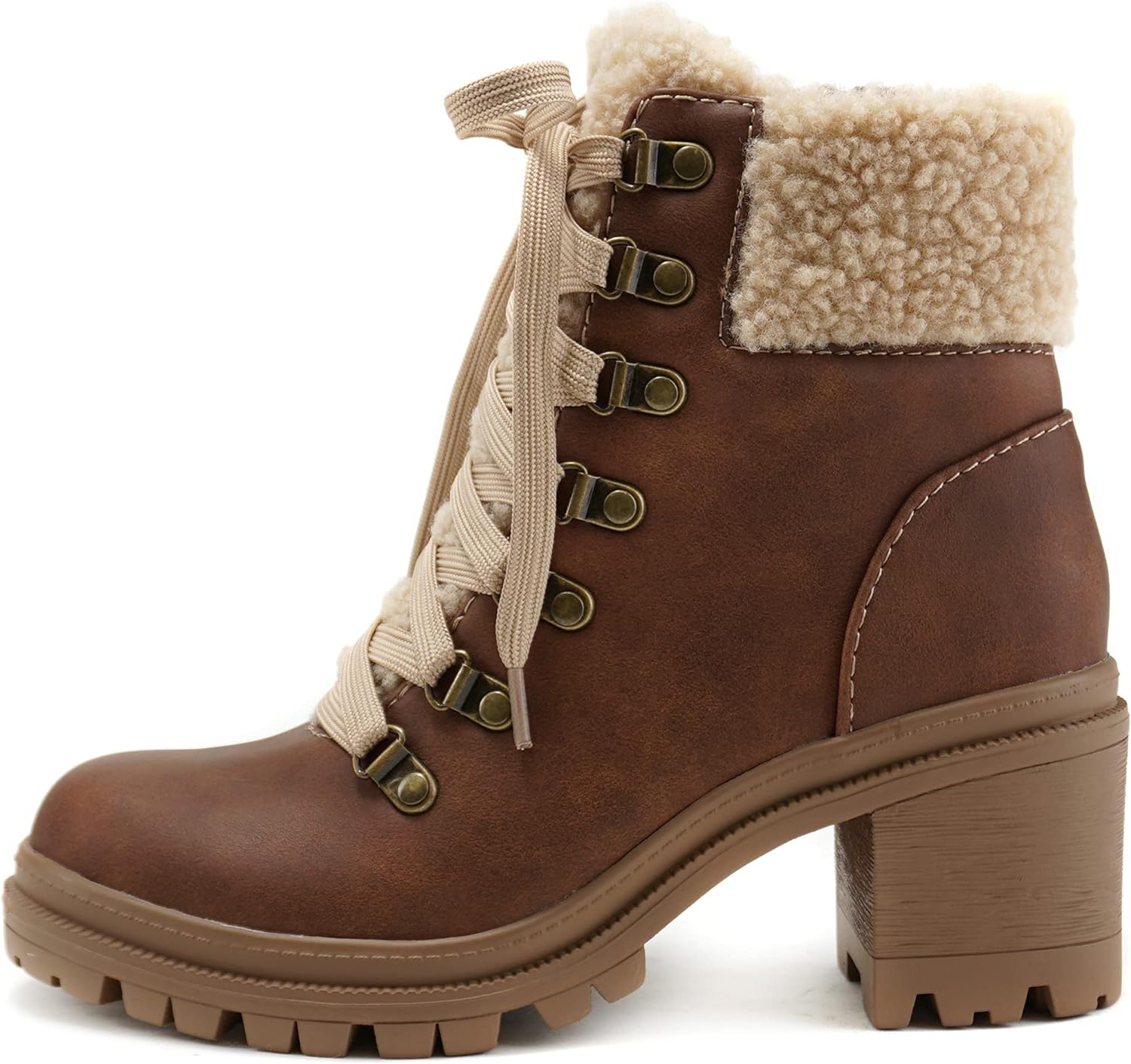 Soda KEYNOTE ~ Women Chunky Lug Sole Faux Fur D-Ring Lace-up Fashion Combat Ankle Boot w/Side Zipper