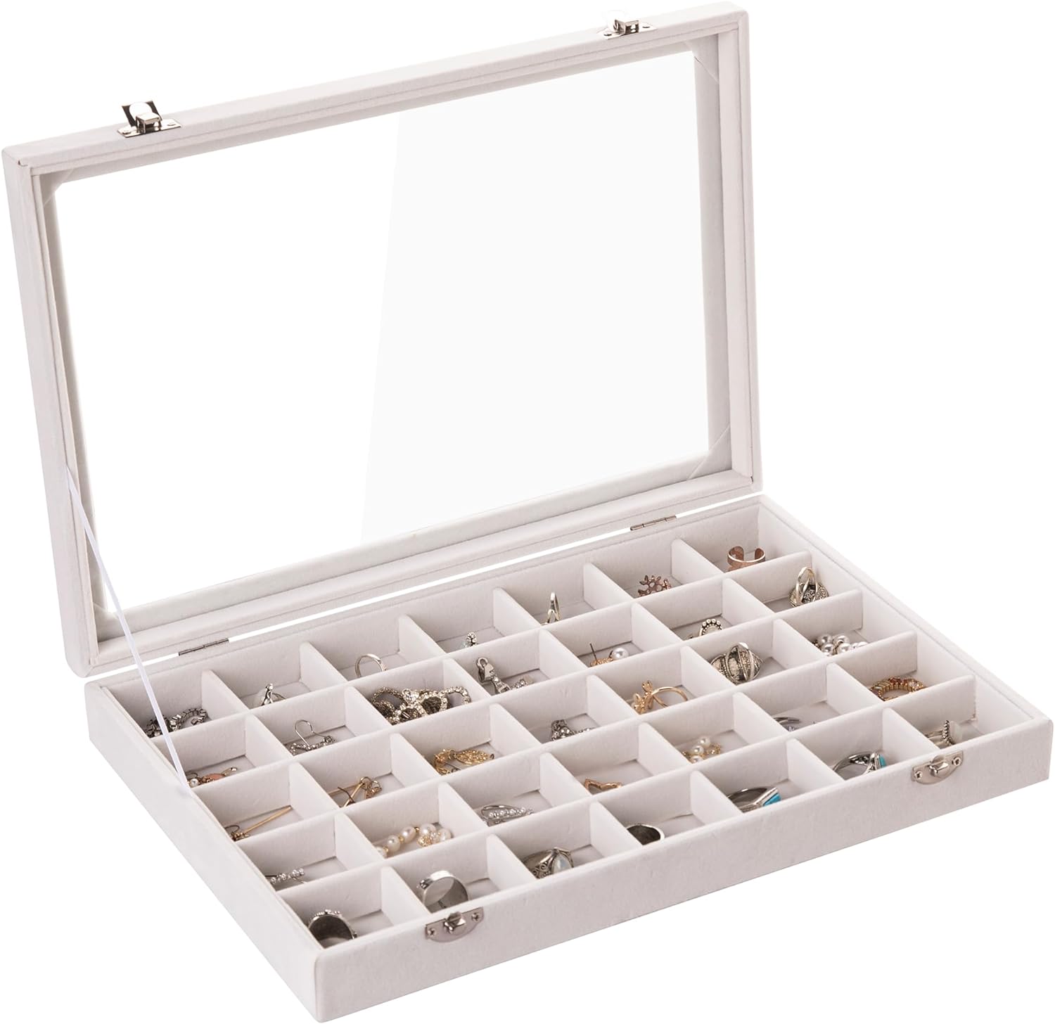 Frebeauty Velvet Jewelry Tray 35 Grid Jewelry Organizer with Clear Lid Transparent Earring Organizer Holder Case with Clasp Drawer Insert for Rings Studs Gift for Women Girls(Beige 35 Grid)