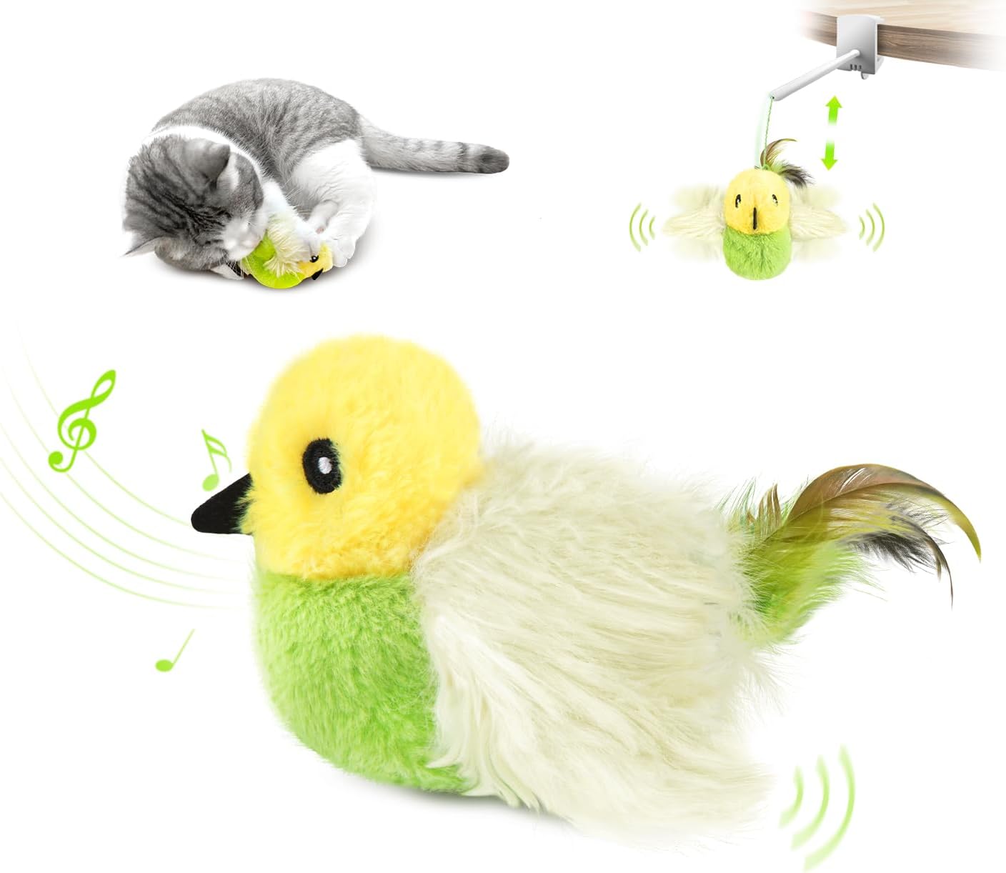 Migipaws Cat Toys,Interactive Lifelike Amakihi Flying Flapping Bird with Catnip, Feathers Hanging by Elastic String, Automatic Chirping Kitten Toys for Indoor Cats Self Play, Rechargeable(Green)