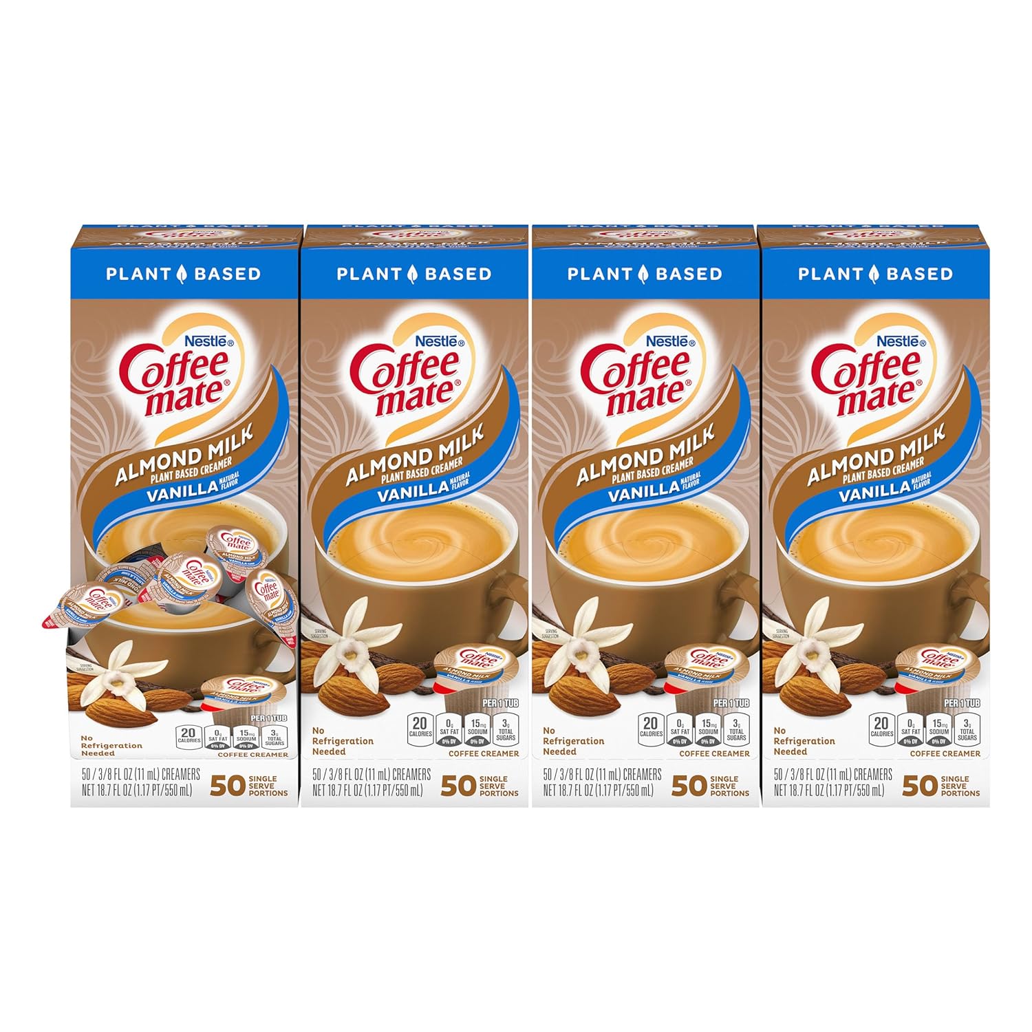 Nestle Coffee mate Coffee Creamer, Almond Milk, Liquid Creamer Singles, Plant-Based, Non Dairy, No Refrigeration, Box of 50 Singles (Pack of 4)