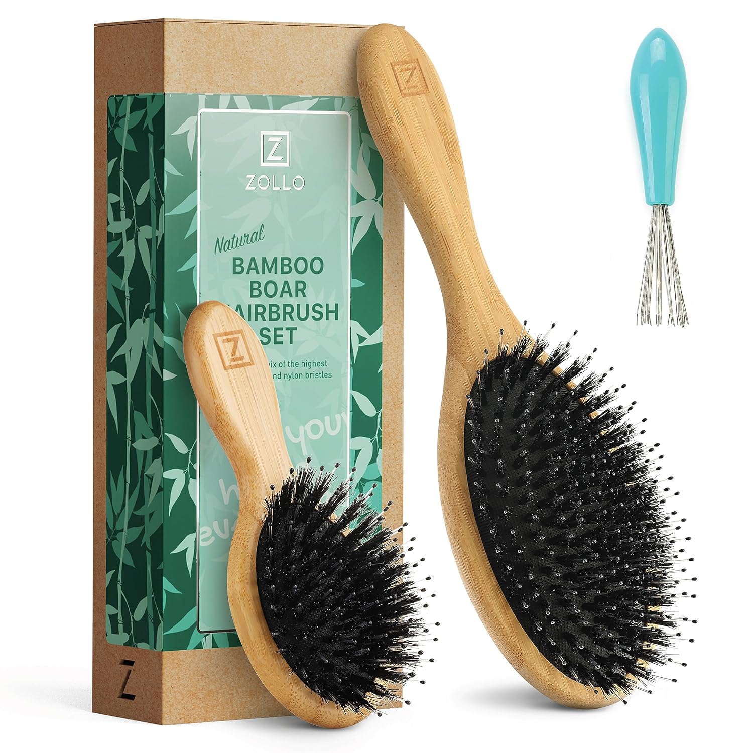 Natural Boar Bristle Hair Brush & Mini Hair Brush Set for Women, Men, Kids; Dry and Wet Detangling Hair Brush Gently Enhances Shine, Great for travel or to keep in your bag