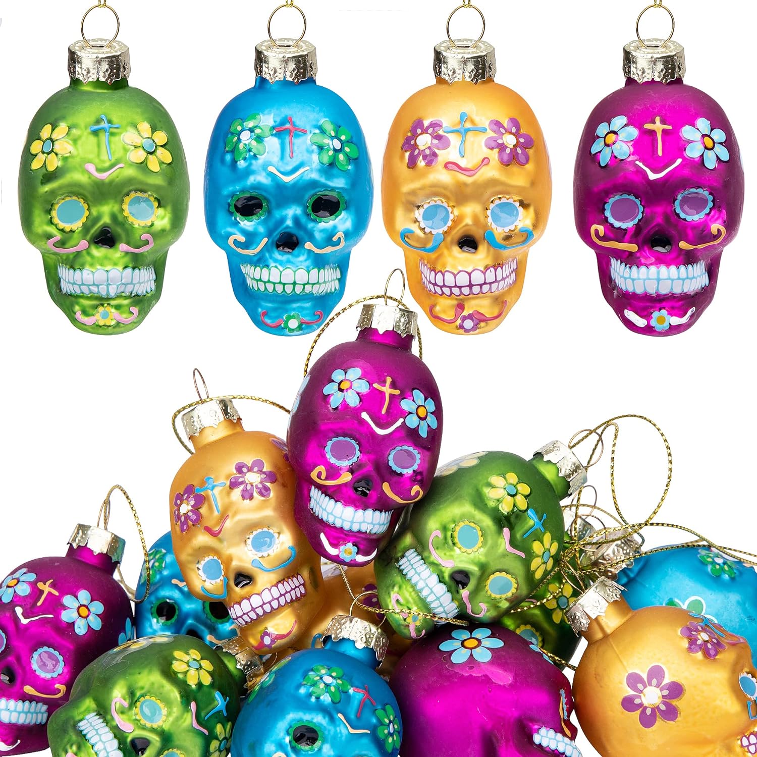 12 PCS Day of The Dead Glass Ornaments-Dia De Los Muertos Sugar Skull Ornaments-Halloween Hanging Skeleton Head Decorations for Party Xmas Tree Decoration