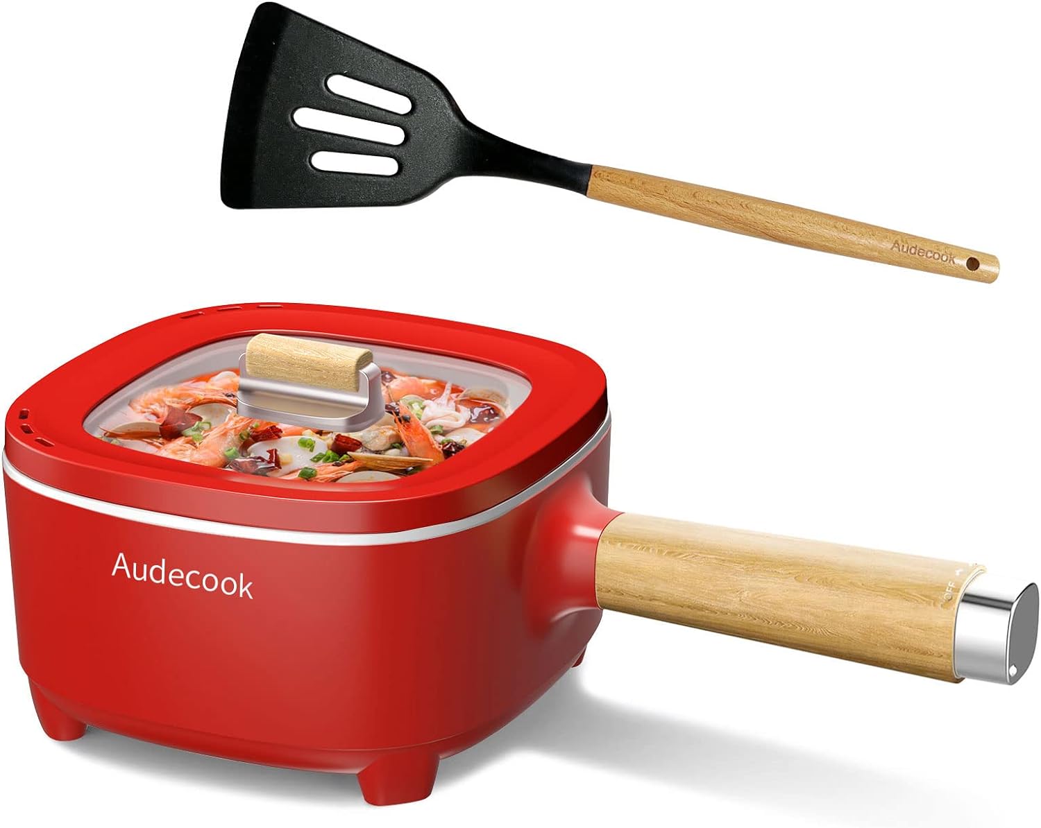 Audecook Electric Pot 2L, Non-Stick Ceramic Glaze Frying Pan 8", Multifunction Electric Skillet Pan for Steak, Egg, Ramen, Oatmeal, Soup with Power Adjustment (Silicone Spatula Included)