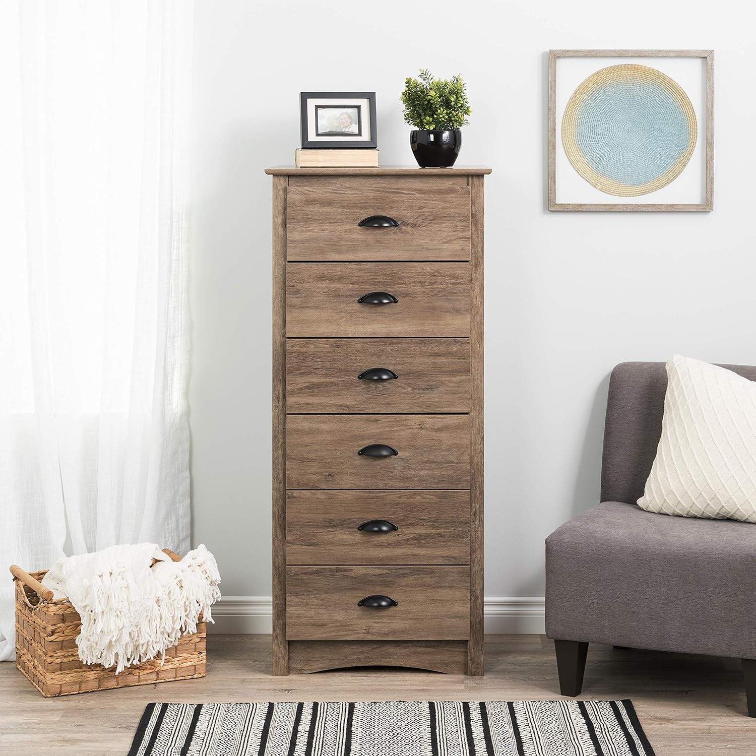 Prepac Salt Spring Rustic 6-Drawer Tall Dresser for Bedroom, Farmhouse Dresser Chest of Drawers 17.65 D x 23.25 W x 53 H, Drifted Gray, DDC-2354