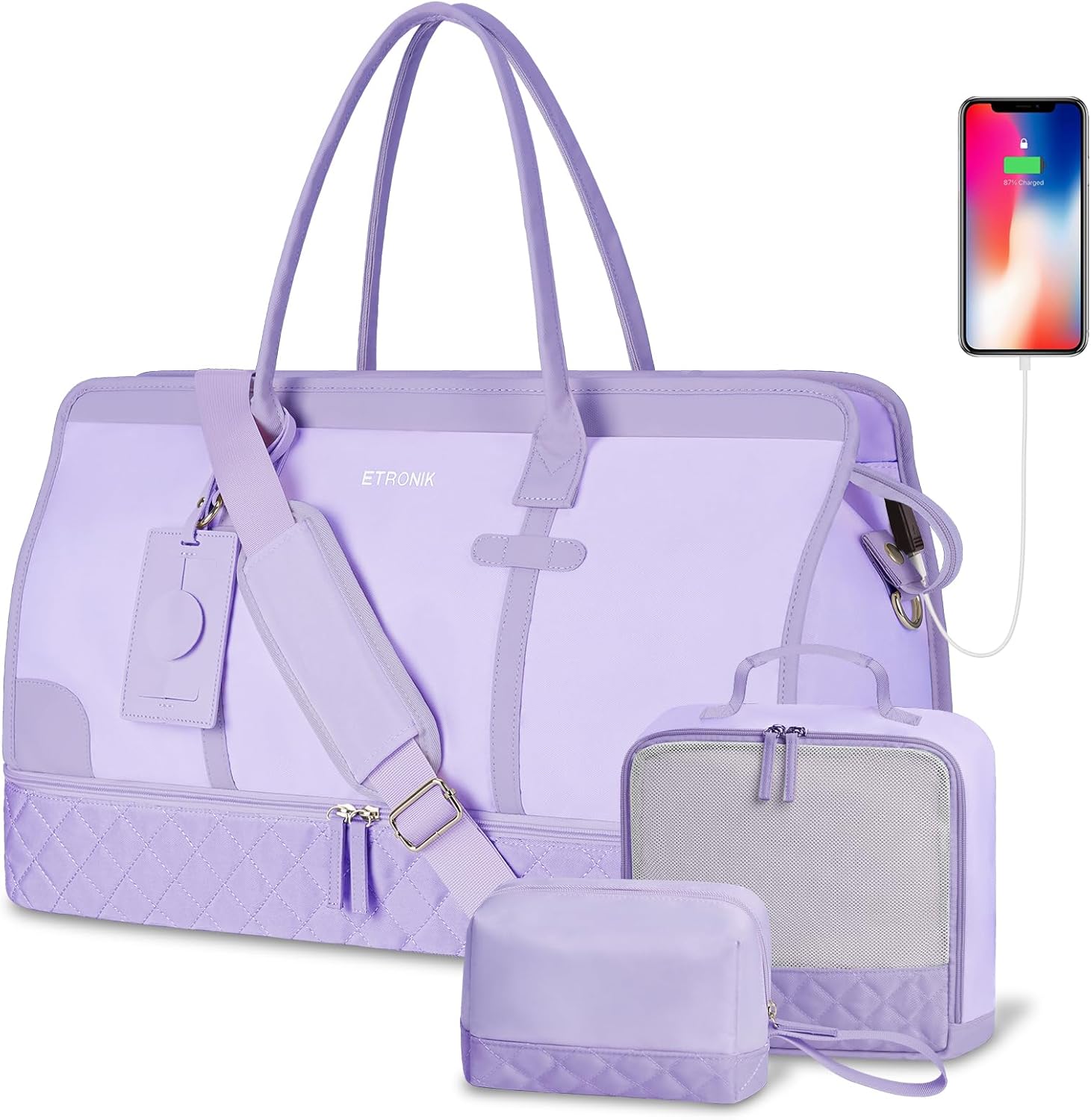 ETRONIK Weekender Overnight Bag for Women, Large Travel Duffle Bag with Shoe Compartment & Wet Pocket, Carry On Tote Bag Gym Duffel Bag with Toiletry Bag, Bag for Hospital 4 Pcs Set, Purple