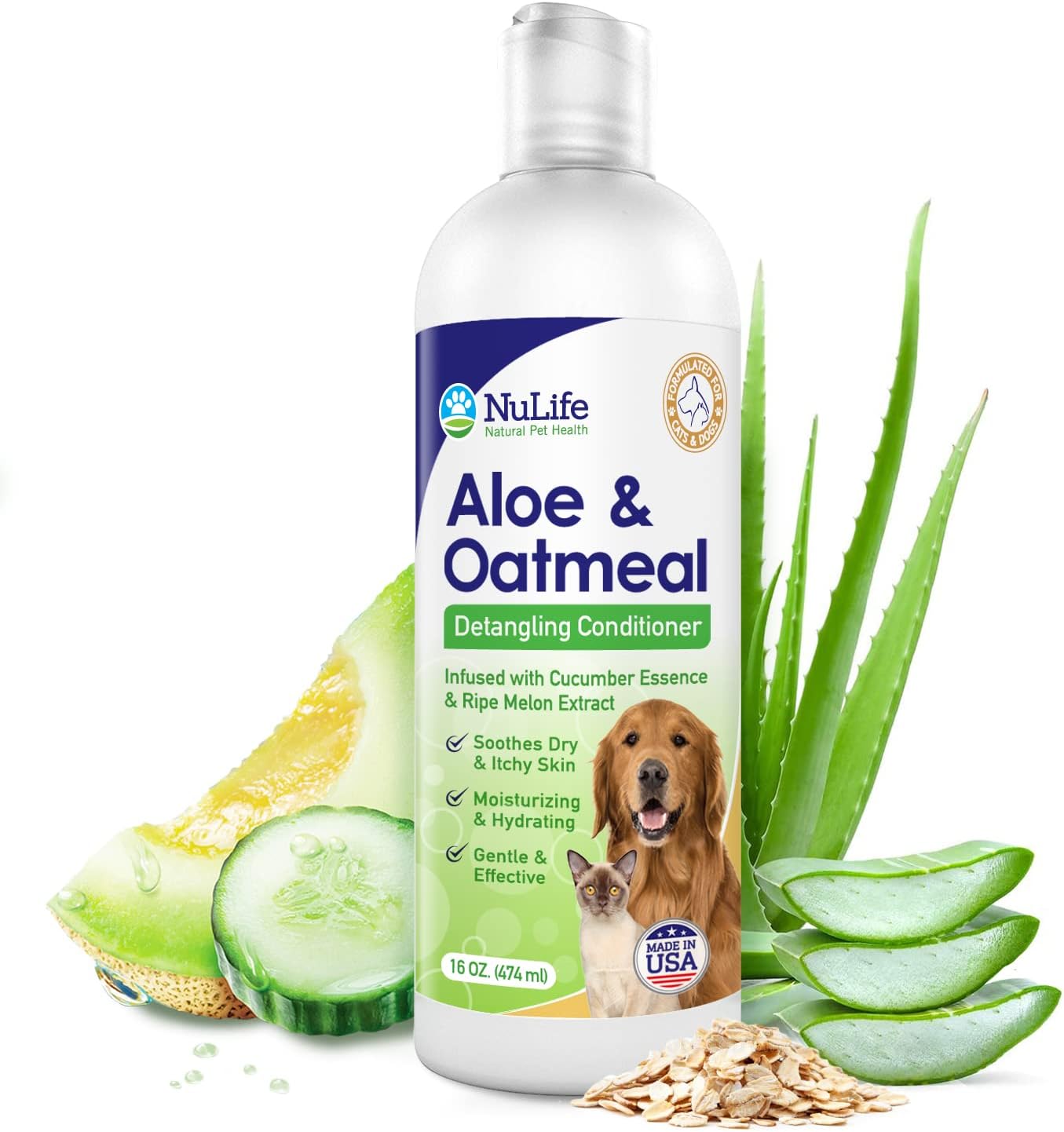 Oatmeal Dog Conditioner for Dry Itchy Skin with Soothing Aloe Vera, Suitable for All Pets, with Cucumber Essence and Ripe Melon Extract, Moisturizes and Detangles Matted Hair, 16 Oz