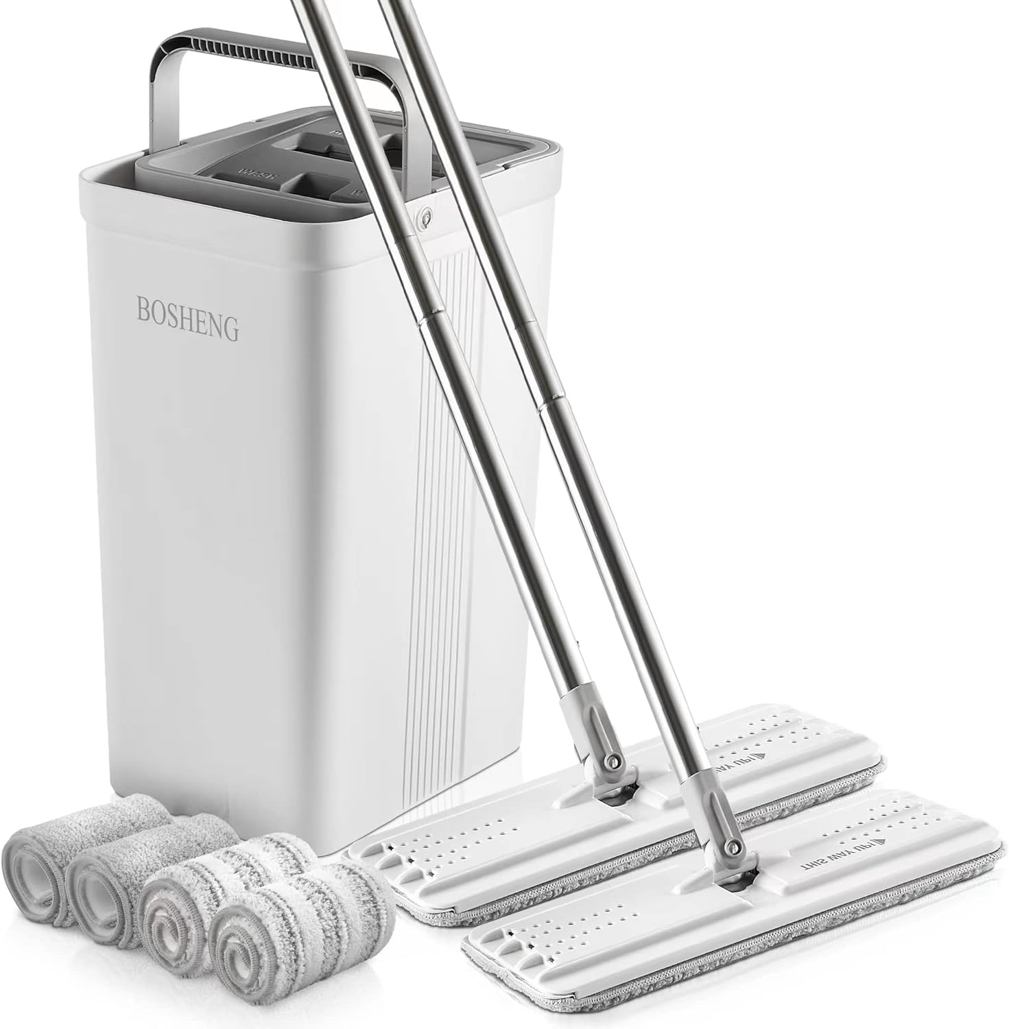 Mop and Bucket with Wringer Set, Flat Floor Mop and Bucket, with 2 Mops and 4 Microfiber Cleaning Cloths for Floor Cleaning, Wet and Dry Use for Household Cleaning