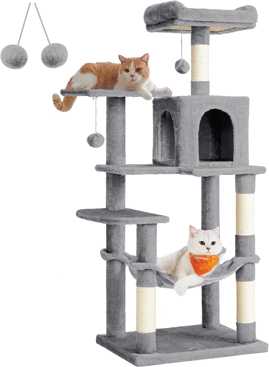 Feandrea Cat Tree, 56.3-Inch Cat Tower for Indoor Cats, Multi-Level Cat Condo with 4 Scratching Posts, 2 Perches, Hammock, Cave, Light Gray UPCT161W01