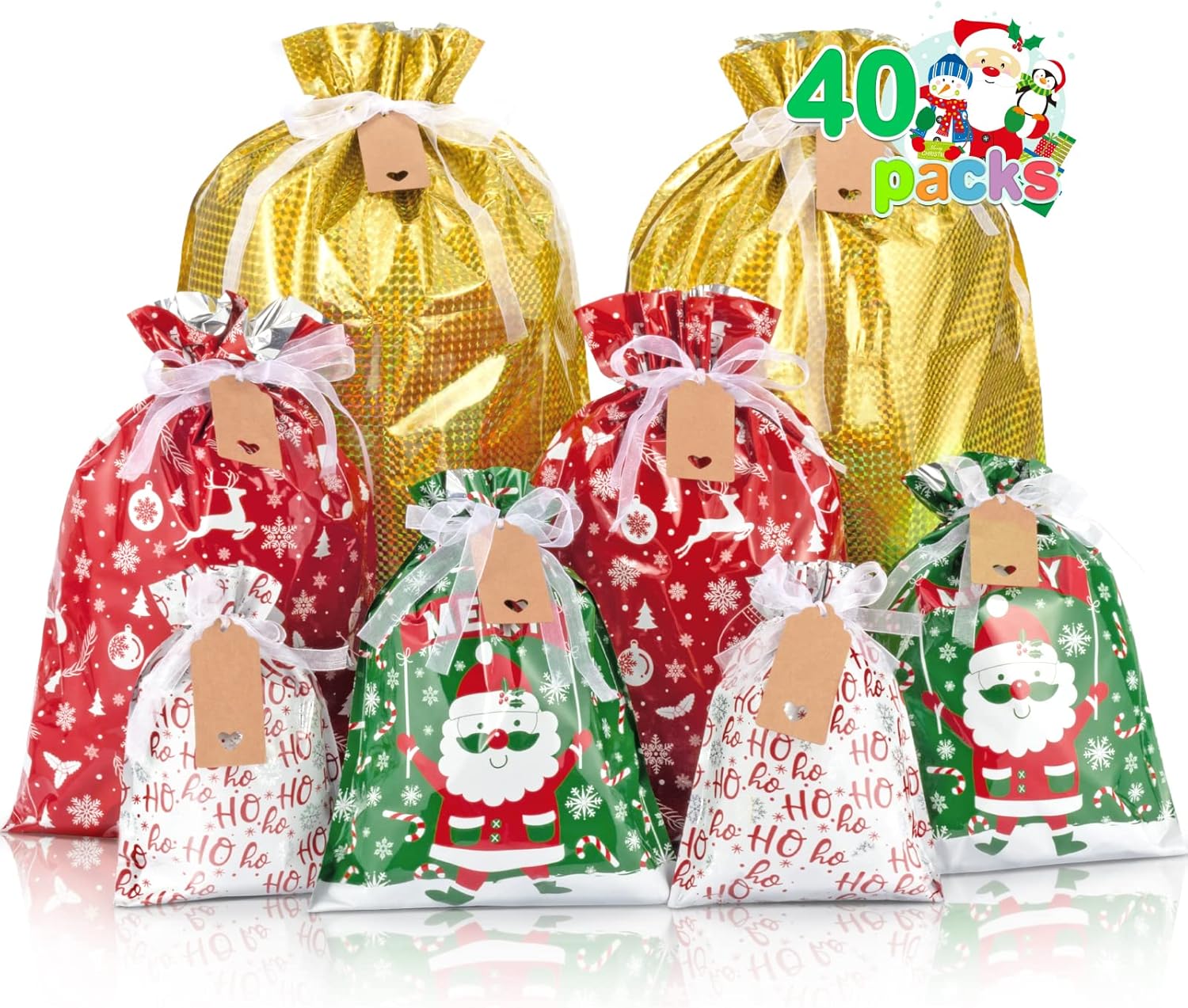 Tiblue Christmas Drawstring Gift Bags - 40 PCS Xmas Gift Bags with Tags Holiday Gift Bags Assorted Sizes for Christmas Decorations Small Medium Large Bags Santa Wrapping Bag for Treat, Goodies, Party