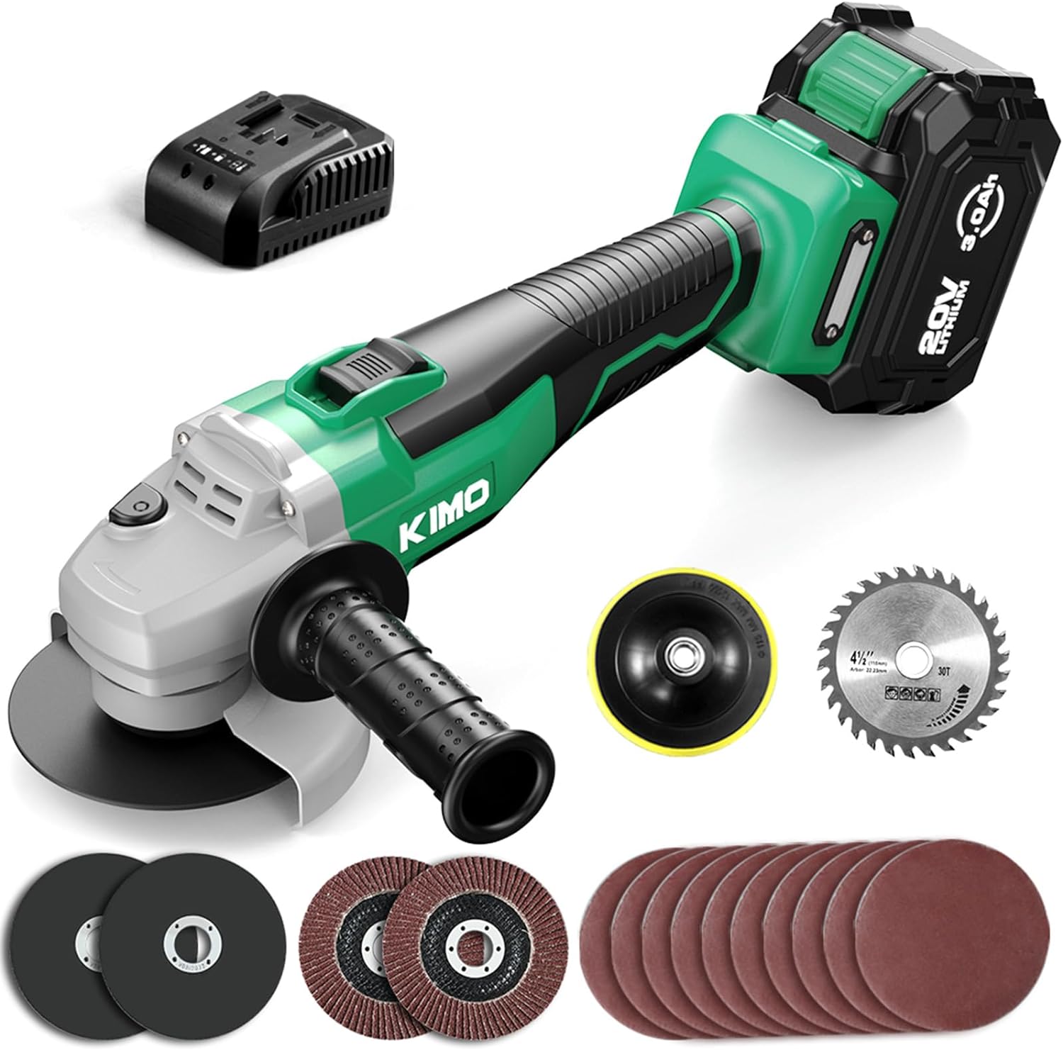 KIMO Cordless Grinder 20V Cordless Angle Grinder w/ 3.0Ah Li-Ion Battery & Charger, 9000RPM Brushless Motor, 4-1/2'' Blade, Electric Brake, 2-Position Handle, Battery Grinder Tool for Metal Wood