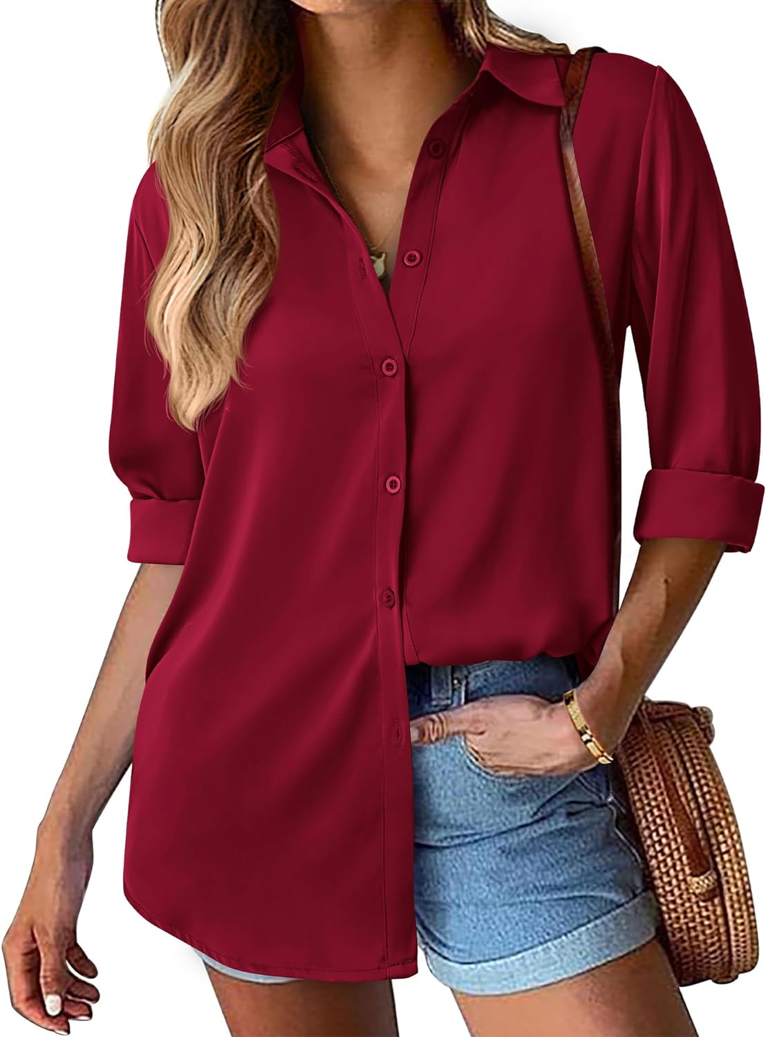 BTFBM Women' Satin Button Down Shirts Roll Up Long Sleeve Lapel V Neck Loose Casual Work Summer Spring Blouse Tops 2024