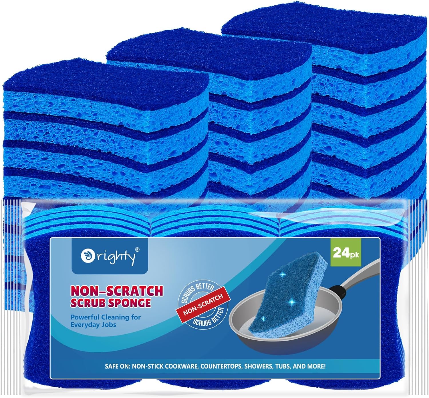 Orighty Non-Scratch Cellulose Scrub Sponges 24 Pack, Kitchen Sponges for Kitchen, Bathroom, and Household, Dual Side Sponges for Dishes, Non-Scratch Sponges Safe on Non-Stick Cookware, Car and More