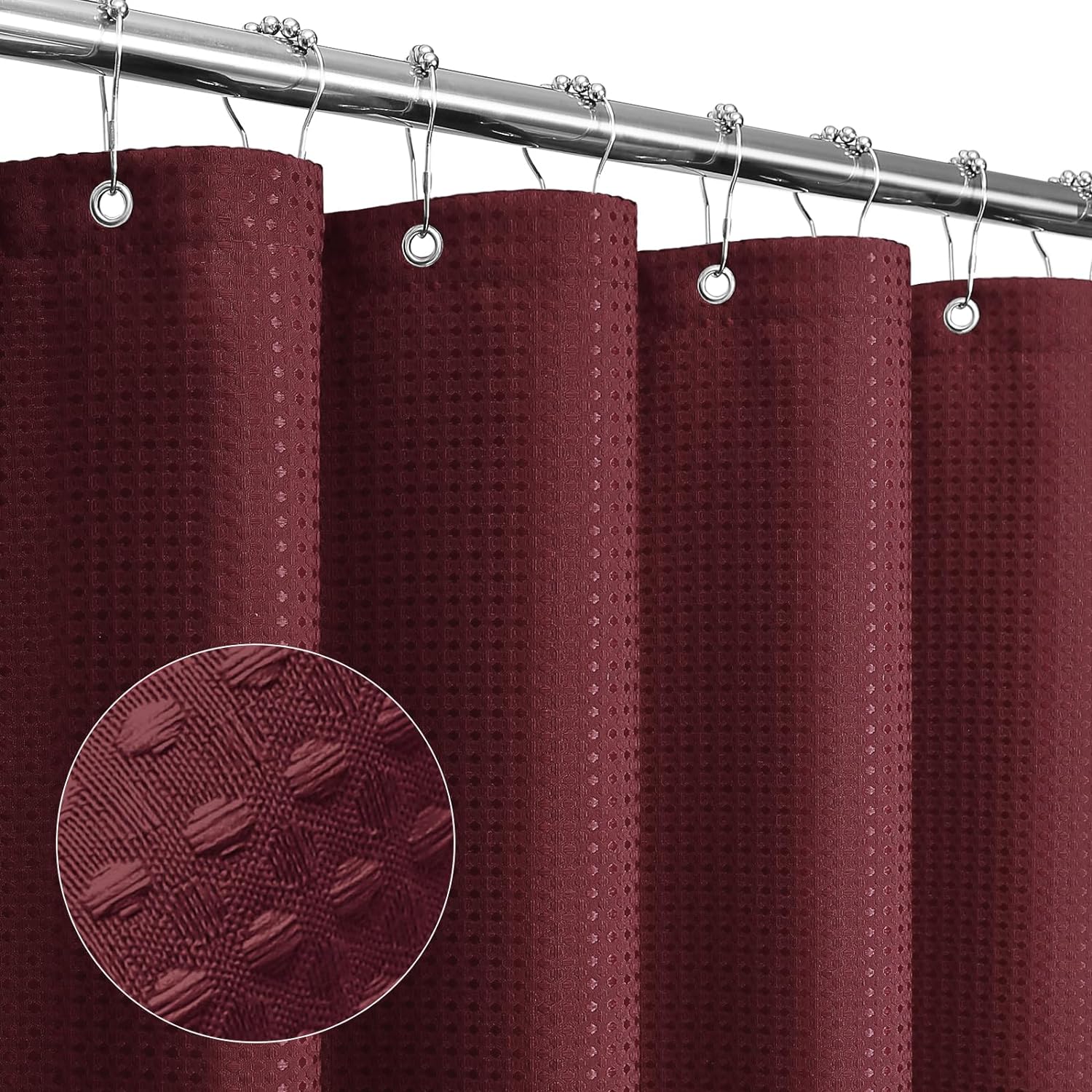 Gibelle Extra Long Shower Curtain 72 x 84, Tall Waffle Weave Textured Fabric Shower Curtain for Bathroom, Water Repellent, Machine Washable, Burgundy