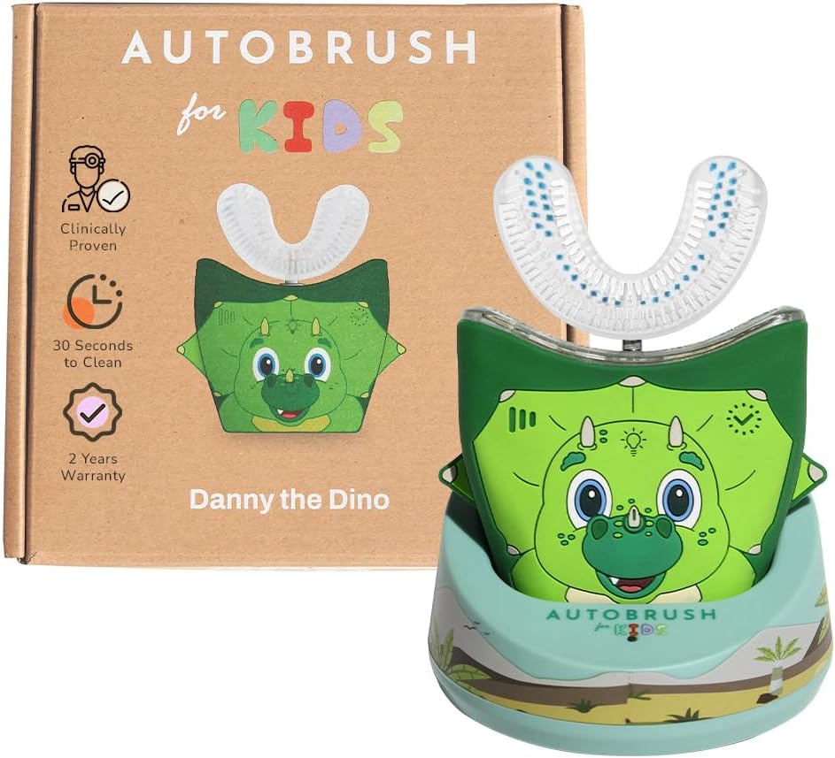 AutoBrush Sonic Pro U Shaped Kids Electric Toothbrush,Unique 360 Nylon Bristles 3 Cleaning Modes,Whitening LED-Lights,Plays Music (Double-Sided),Ages 3-5, Dinosaur