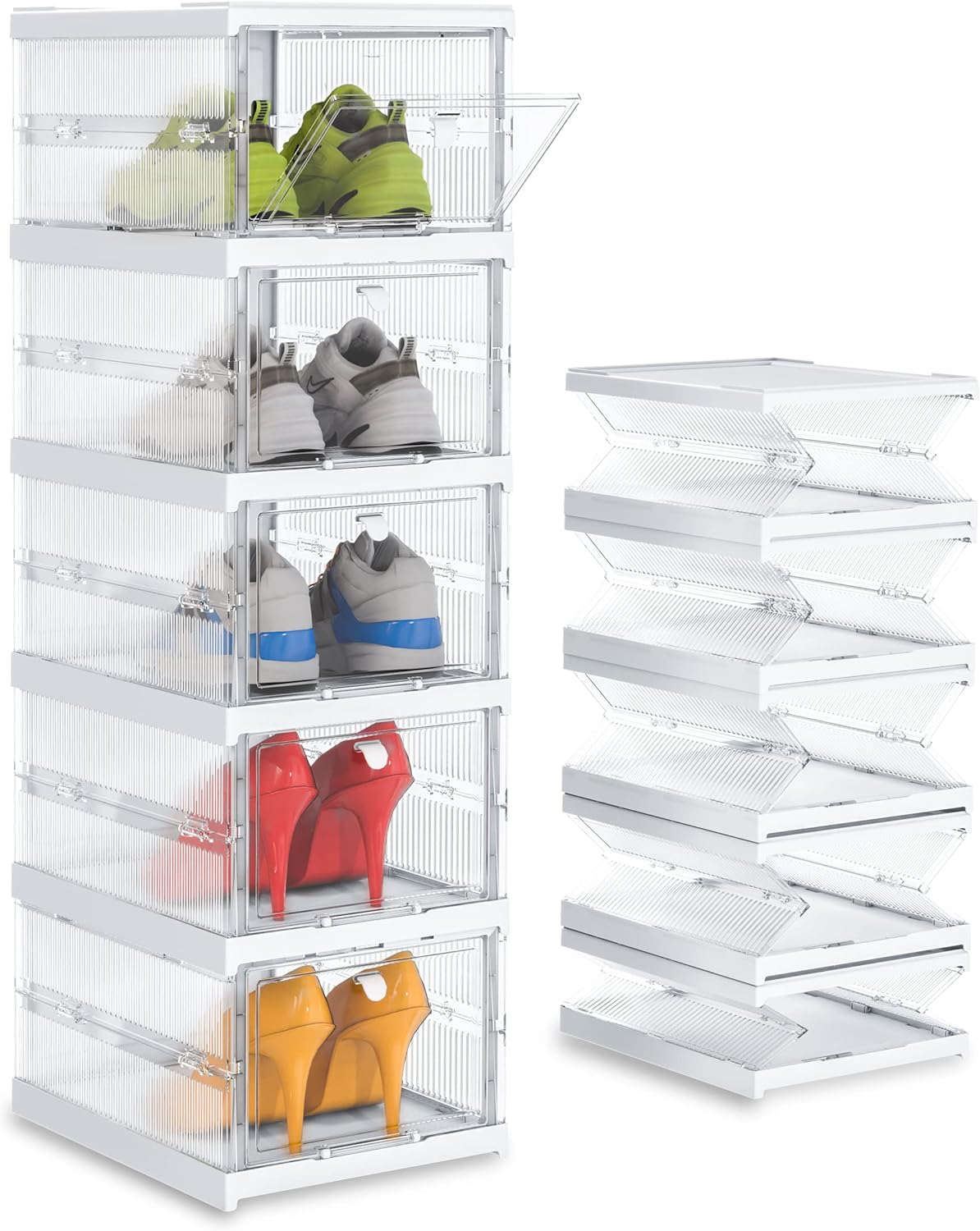 Solid Plastic Not Flimsy 5 Layers Foldable Shoe Storage Boxes - Easy Installation- All-in-One Clear Sneaker Box with Doors - Space Saving Shoe Organizer By Utopia Home