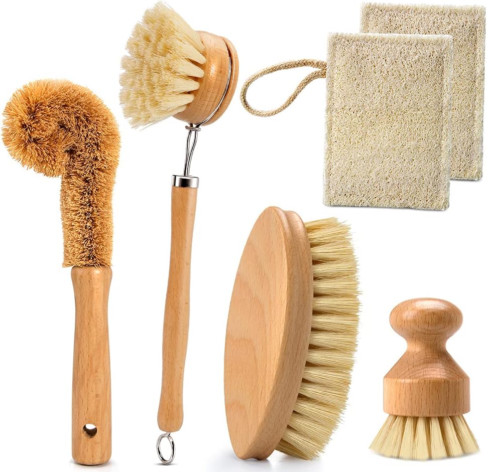 Masthome Natural Kitchen Cleaning Brush Set, 6 Piece Wooden Brush with Loofah Cleaning Cloths Set, Long Wooden Scrub Brush for Home Cookwares Cleaning