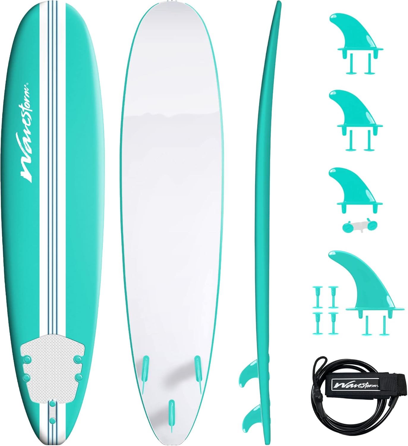 Wavestorm-15th Anniversary Edition Soft Top Foam 8ft Surfboard | for Beginners and All Levels | Includes Accessories | Leash and Multiple Fin Options, Turquoise pinline