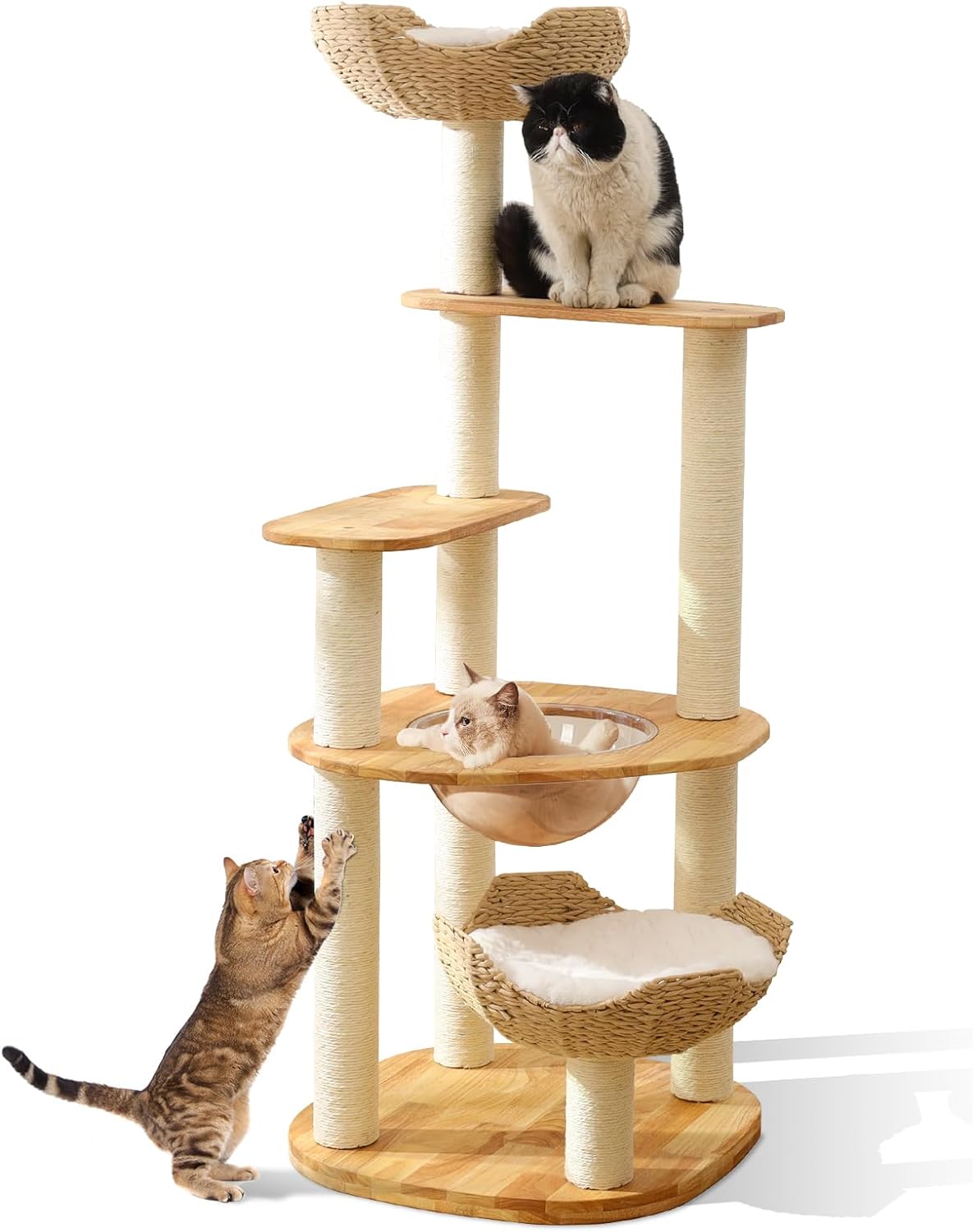 59 Big Modern Cat Tree Tower with Soft Cushion, Solid Oak Tall Cat Tree for Indoor Cats Large Adult, Hand-Woven Luxury Cat House with Sisal Scratching Posts, Multi-Level Cat Condo Activity Center