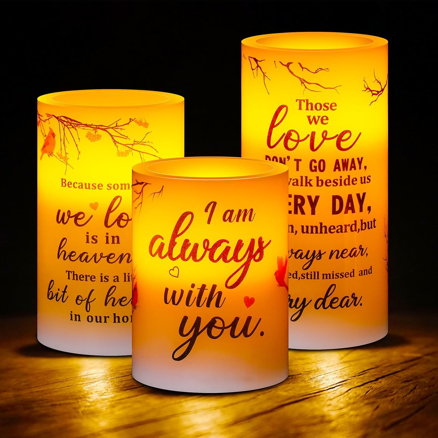 3 Pcs Memorial Candles Memorial Gifts Cardinal Flameless LED Candles Lights Religious Gifts for Loss of Loved One Sympathy Flameless Candles Prayers Decorations with Timer Warm White Battery Operated