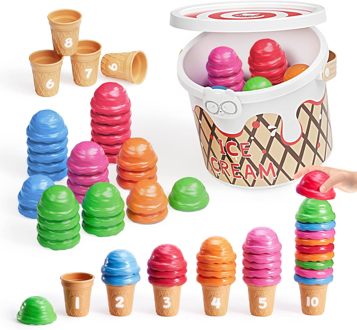 Ice Cream Preschool Learning Activities Counting and Color Sorting Set Stacking Toys for Kids 3-5, Montessori Stacking Fine Motor Skills Toys, 65PCS Math Manipulatives Learning Resources Toys