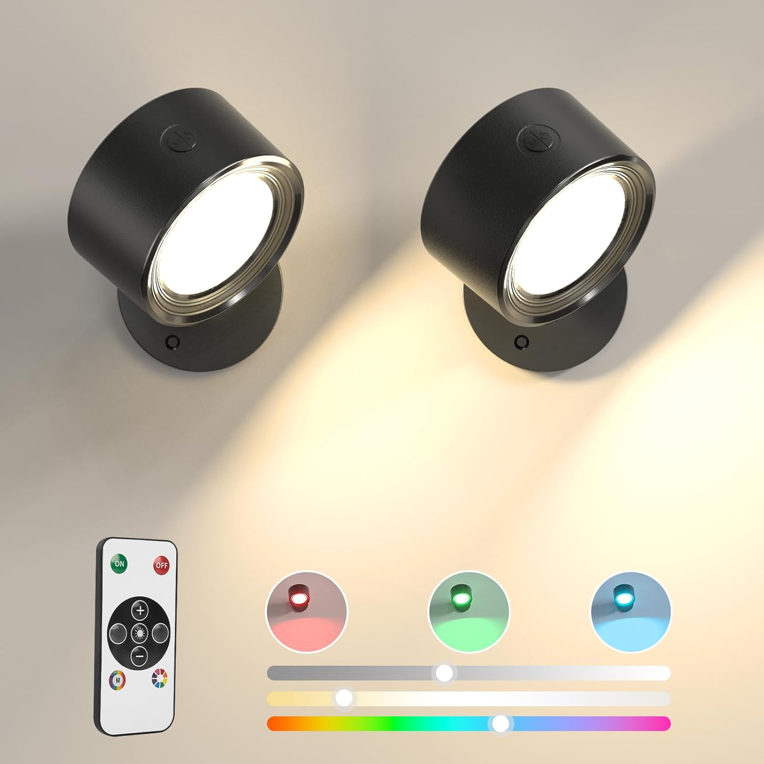 LED Wall Lights 2 Pcs with Remote, RGB Ambience Wall Sconces Lamp 3000mAh Rechargeable Battery Operated, 3 Color Temp & Dimmable Magnetic 360 Rotation Cordless Light for Living Room Bedside