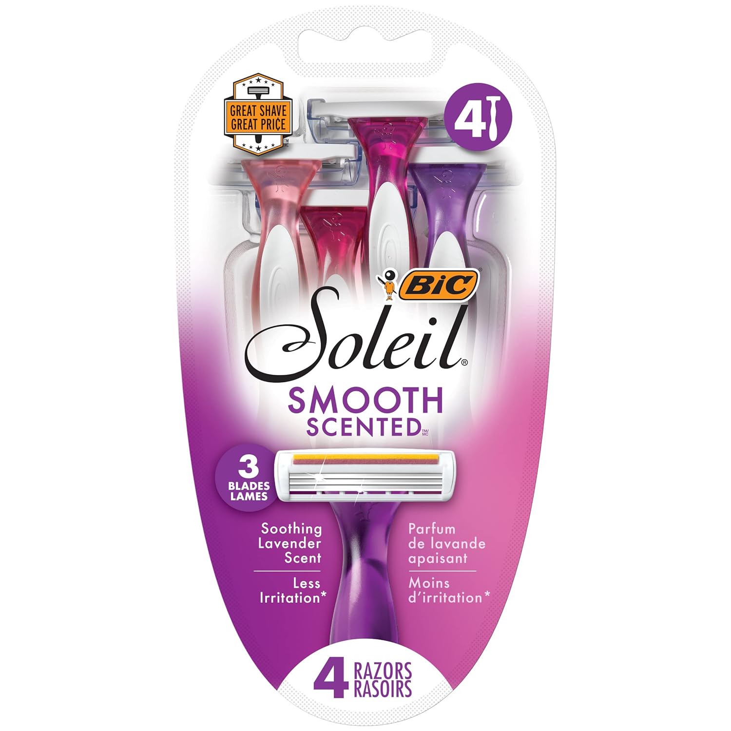 BIC Soleil Smooth Scented Womens Disposable Razor, 3 Blades with a Moisture Strip For a Silky Shave, Assorted, 4 Piece Razor Set