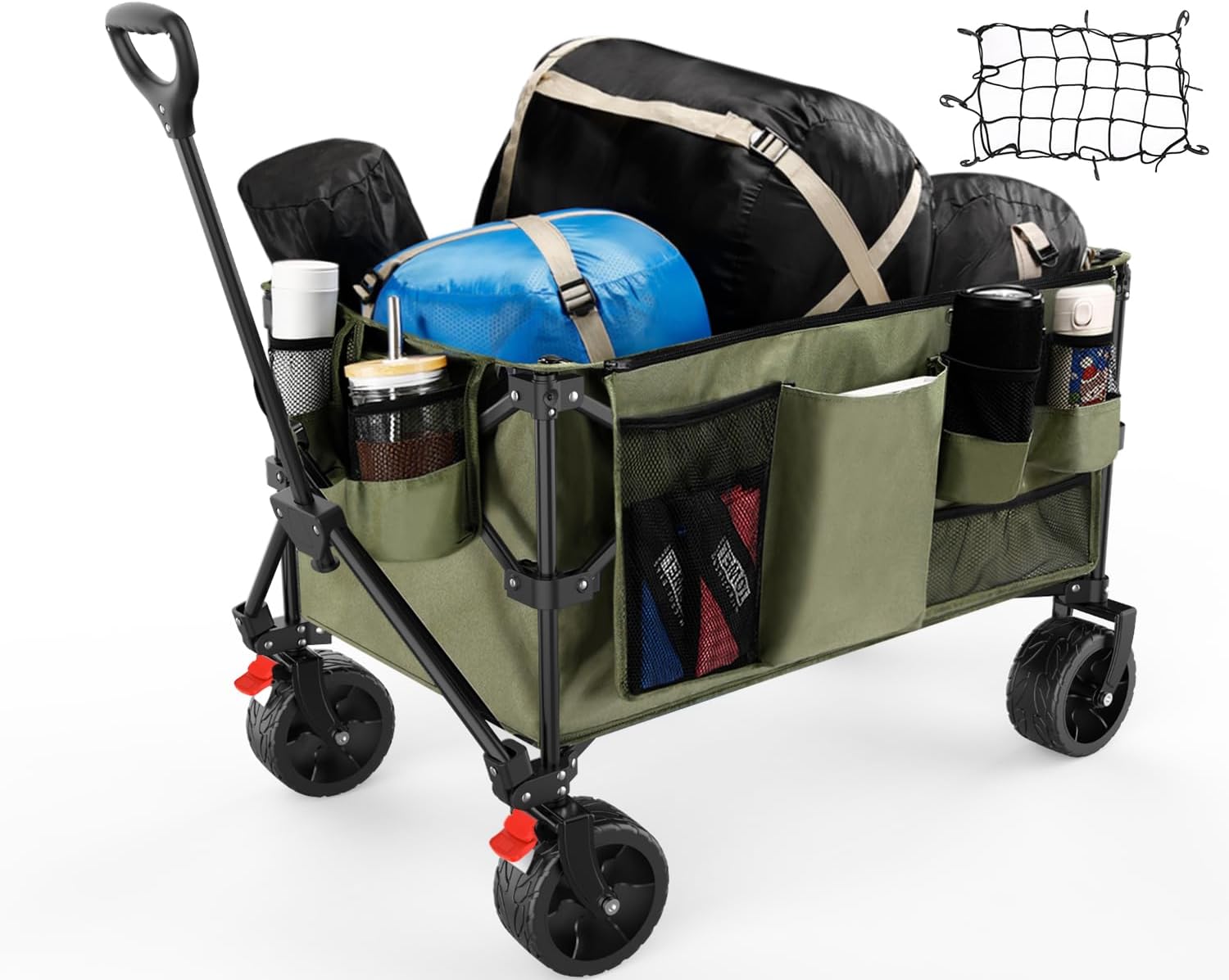 Collapsible Wagon Cart with Cargo Net, Beach Wagon with Big Wheels, Foldable Wagon with Brakes, Outdoor Garden Cart with 6 side pockets and 4 Cup Holders, Green