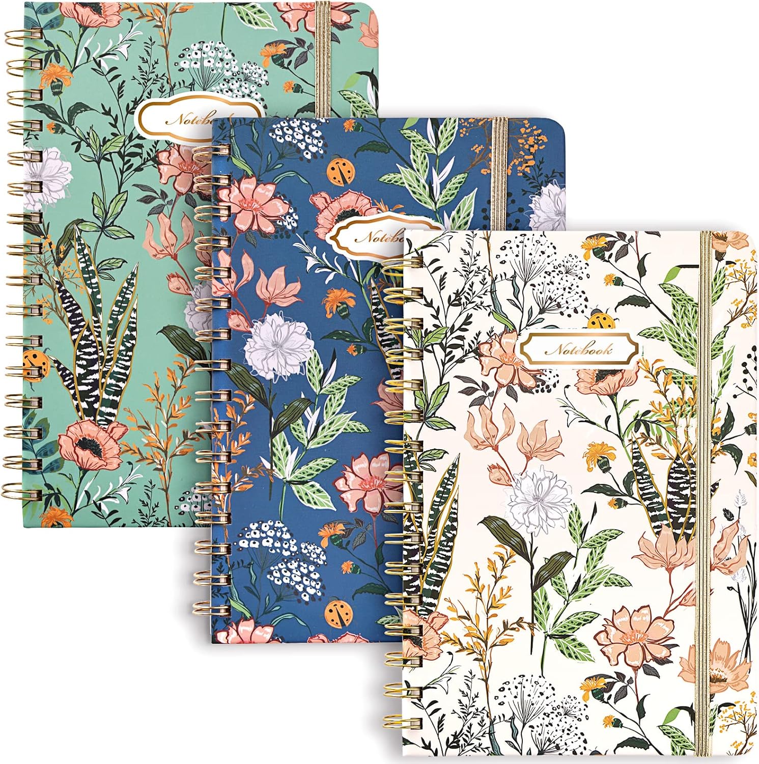 EOOUT 3 Pack Journals for Women, 3 Spring Floral Designs, 6x 8.5, Hardcover Spiral Notebook, 160 Pages College Ruled, for School Office Home Gifts