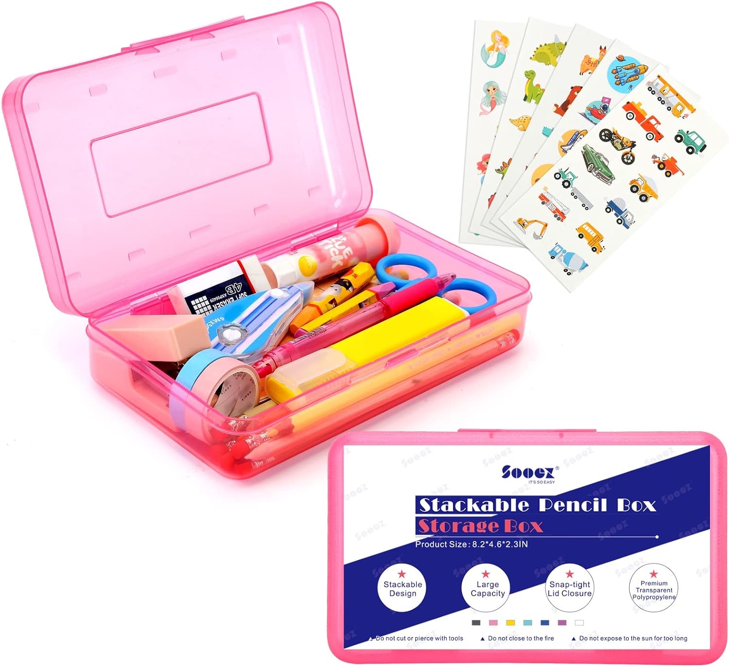 Sooez 1 Pack Pencil Box, Plastic Pencil Case, Hard Pencil Case with Stickers, Plastic Storage Crayon Box, Large Plastic Pencil Boxes, Stackable Pencil Case Box for Kids School Boys Classroom, Pink