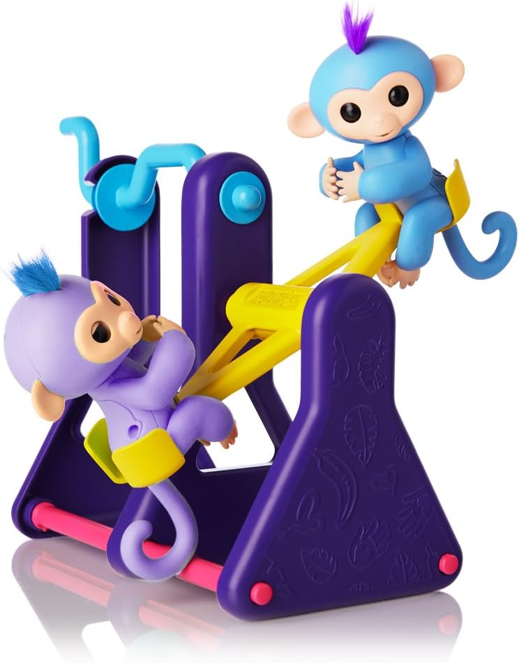 WowWee Fingerlings Playset  See-Saw with 2 Baby Monkey Toys, Willy (Blue) and Milly (Purple)