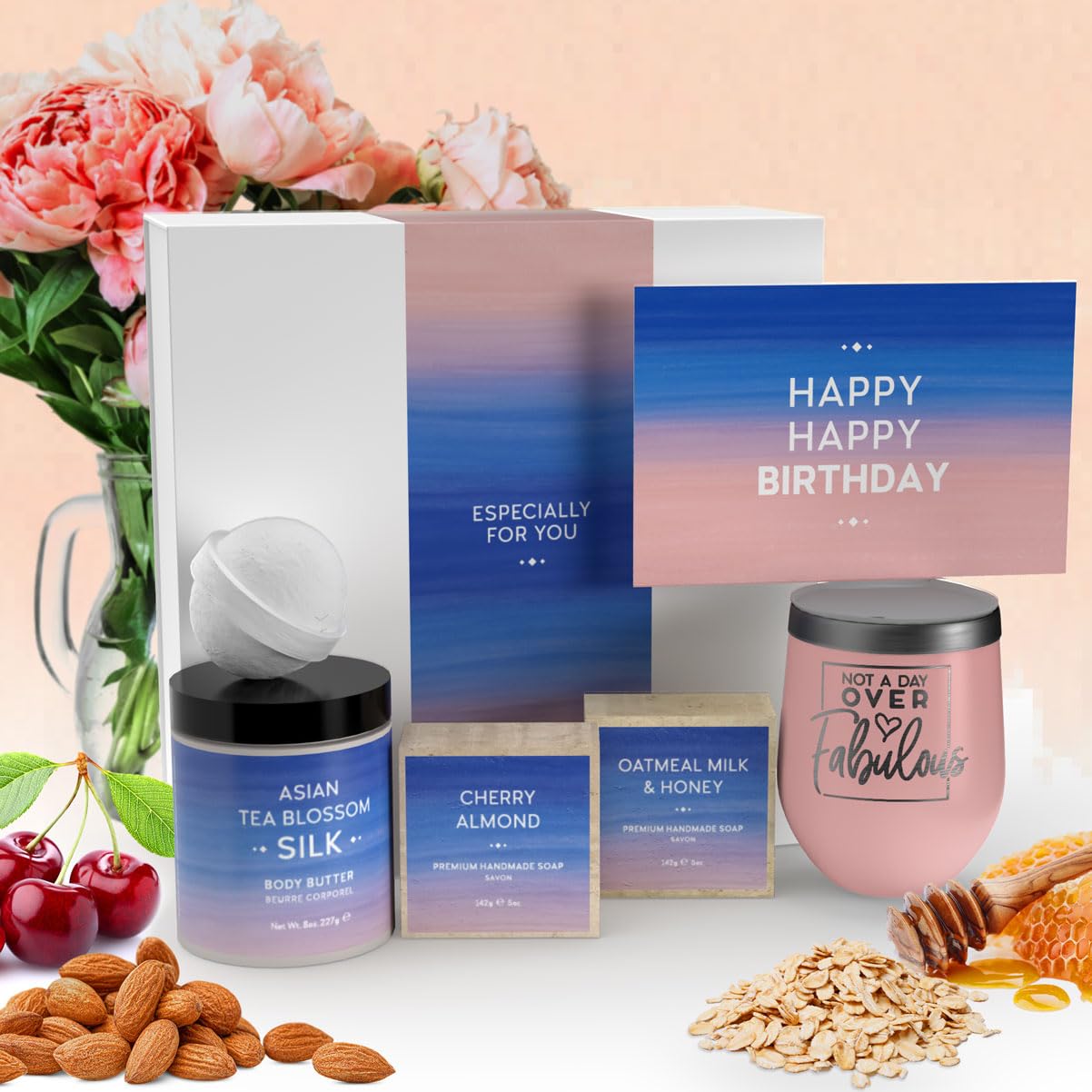 Birthday Gifts for Women - Relaxing Spa Gift Box Basket for Wife Mom Sister Girlfriend Best Friend Mother - Bday Gifts Set Blush Tumbler - Basket Care Package Present for Her Happy Birthday