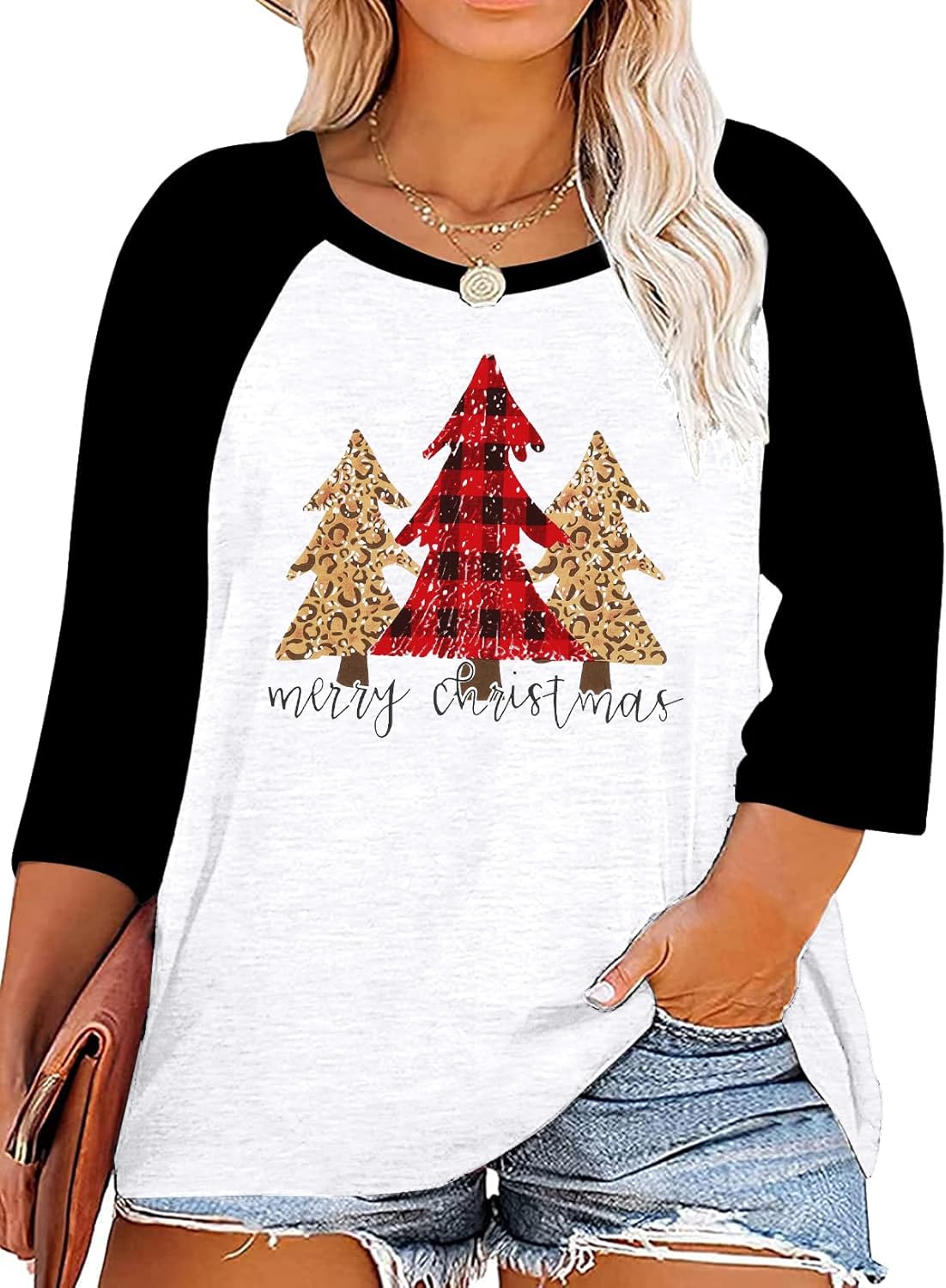 Plus Size Merry Christmas T Shirt Women Leopard Plaid Tree Shirts Raglan 3/4 Sleeve Baseball Tees Tops