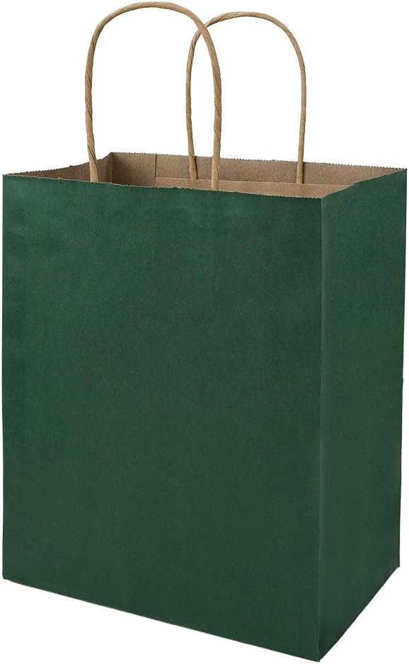 bagmad 100 Pack 8x4.75x10 inch Medium Green Gift Paper Bags with Handles Bulk, Kraft Bags, Craft Grocery Shopping Retail Party Favors Wedding Bags Sacks (Dark Green, 100pcs)