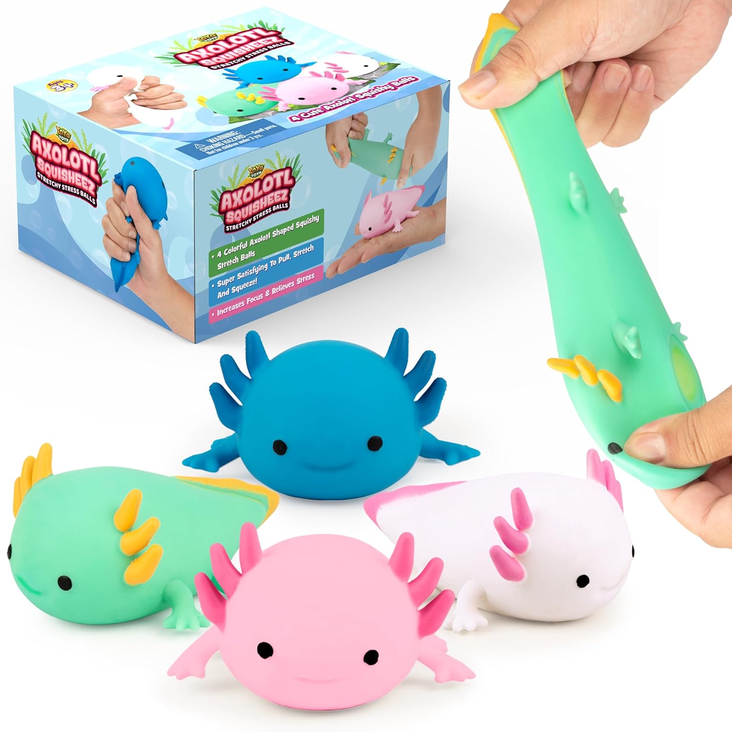 YoYa Toys Squisheez Axolotl 4Pack - Mini Squishy Animal Toys for Stress Relief - Fun and Cute Toys for Kids and Adults - Kawaii Squishies in Pink, White, Green, and Blue