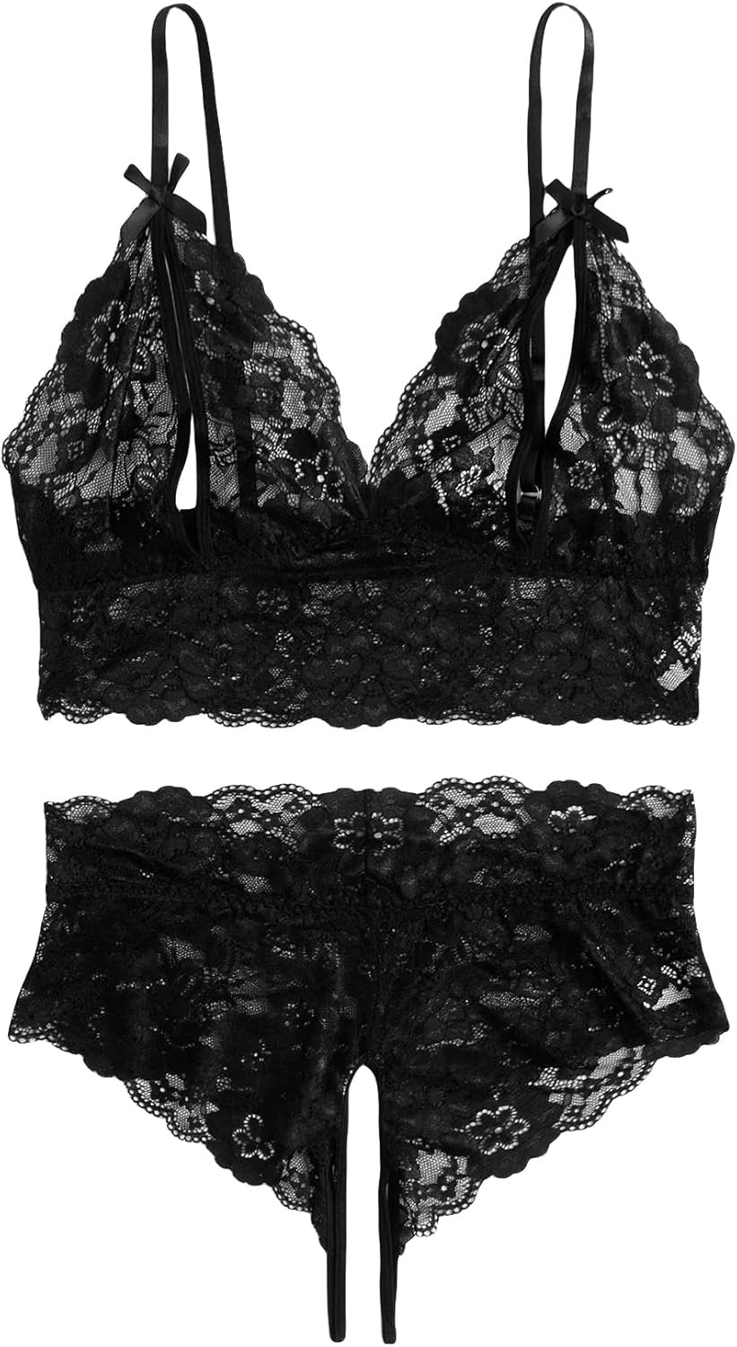 OYOANGLE Women' Plus Size Floral Lace Spaghetti Strap Cut Out Bra and Panty Two Piece Lingerie Set