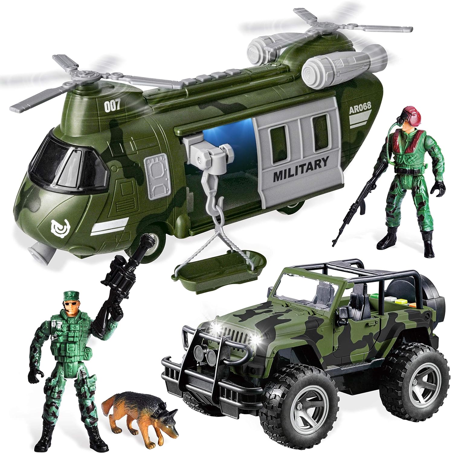 JOYIN Military Vehicles Toy Set of Friction Powered Transport Helicopter and Military Truck with Light and Sound Siren and Army Men Soldier Action Figures for Kids