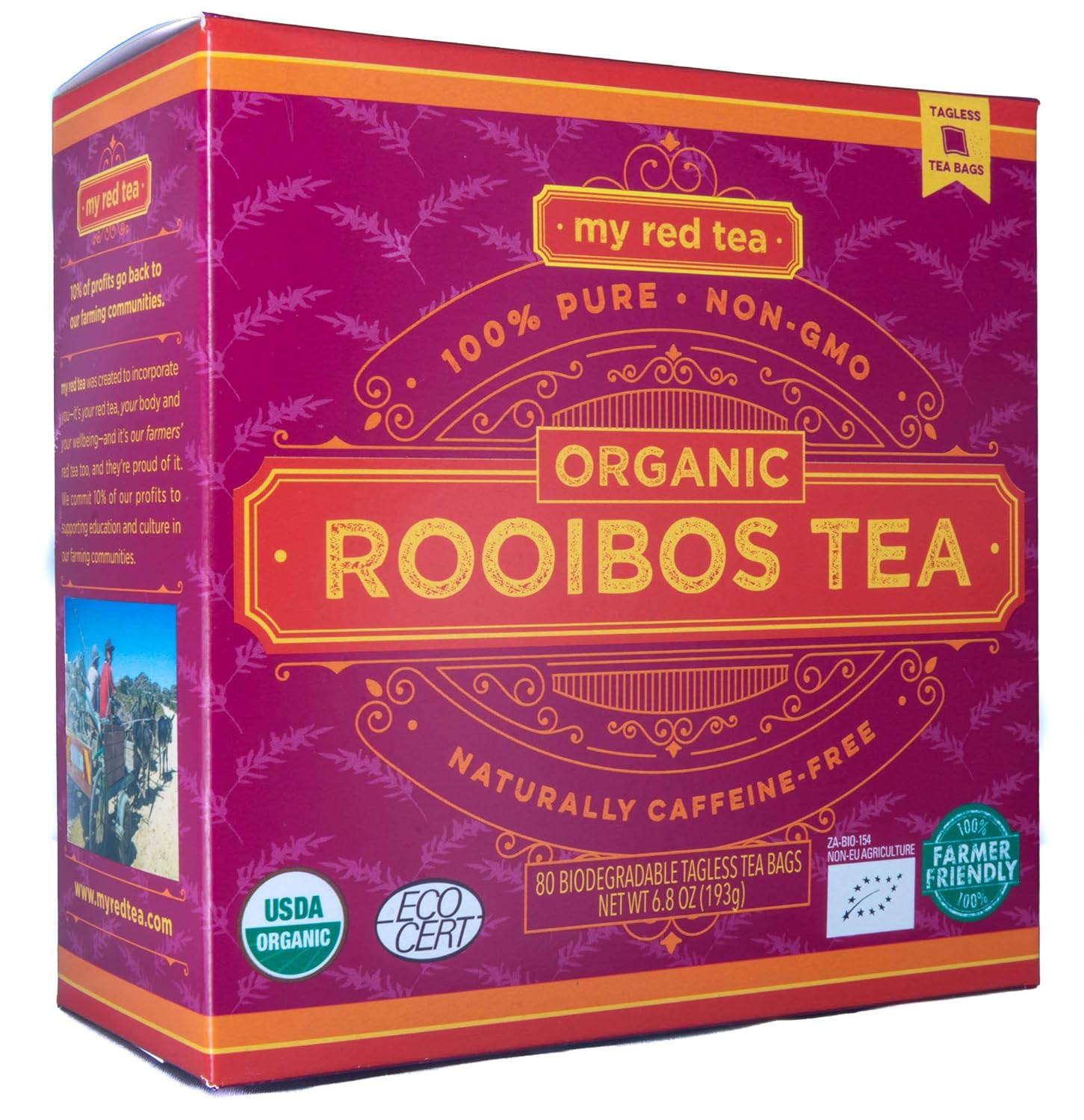 Rooibos Tea, USDA Certified Organic Tea, MY RED TEA. Tagless South African, 100% Pure, Single Origin, Natural, Farmer Friendly, GMO and Caffeine Free (80)