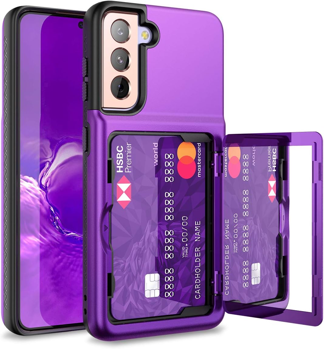 WeLoveCase for Samsung Galaxy S21 Wallet Case with Credit Card Holder & Hidden Mirror, Defender Protective Shockproof Heavy Duty Protection Phone Cover for Samsung Galaxy S21 5G, 6.2 inch Purple