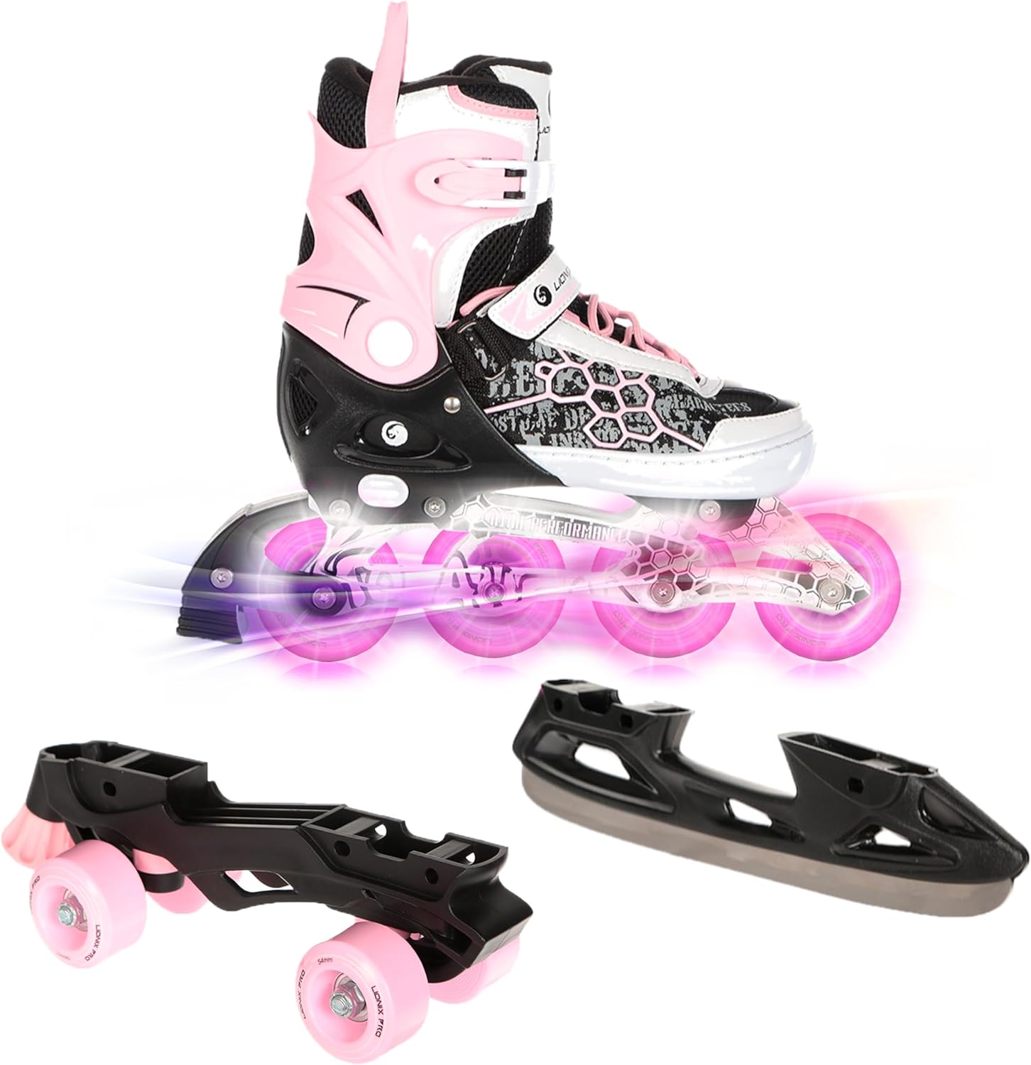 Lionix Pro ECLECTIC,Convertible Frames 3 in 1 (Ice/Inline/Quad),Pink/Green/Black,Adjustable Up to 3 sizes,LED Light Up Wheels in Inline Skates frame, for Girls,Boys,Women,Men,Fitness, High Performance