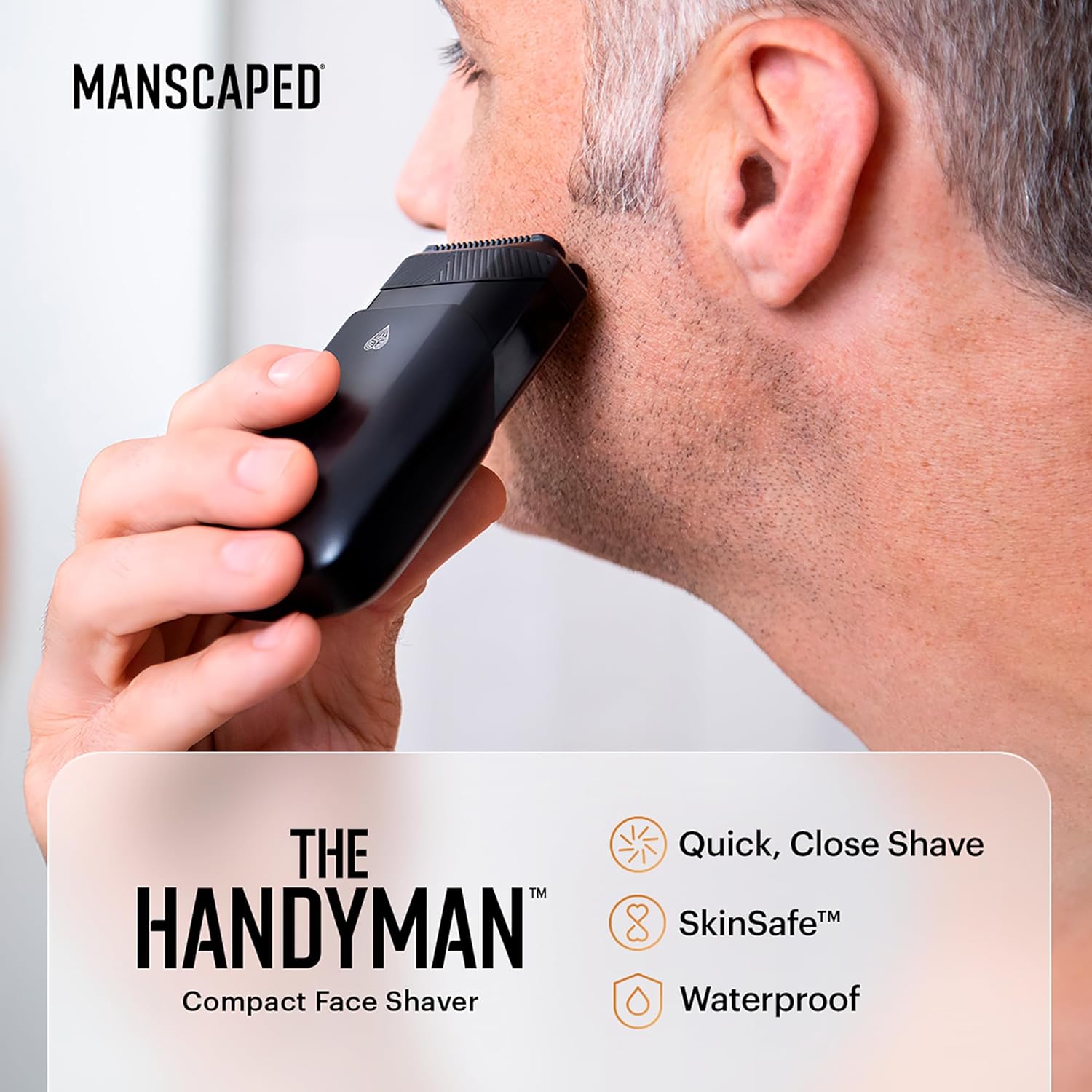 MANSCAPED The Handyman Compact Face Shaver  Portable Mens Travel Facial Hair Groomer, USB-C Rechargeable Electric Razor, Waterproof, Cordless, Dual-Action SkinSafe Long-Hair Leveler & Foil Blades