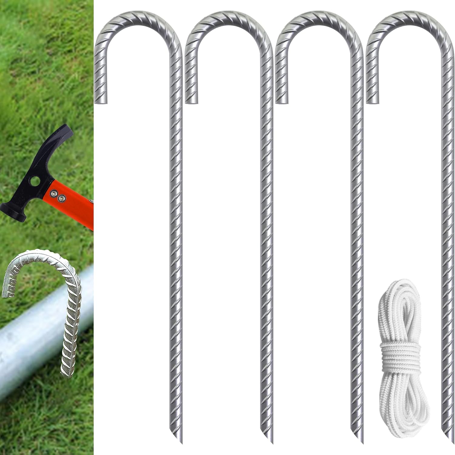 Eurmax USA Trampolines Stakes Heavy Duty Ground Stakes Canopy Parts Wind Stake with Rope 12 Inch Heavy Duty Stake Safety Ground Anchor Galvanized Steel J Shaped, Pack of 4(Silver)