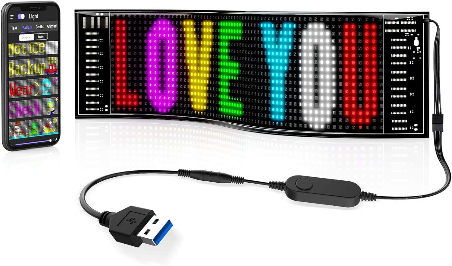 RAYHOME Scrolling Bright Advertising LED Signs, Flexible USB 5V LED Car Sign Bluetooth App Control Custom Text Pattern Animation Programmable LED Display for Store Car Bar Hotel (15''x4'')