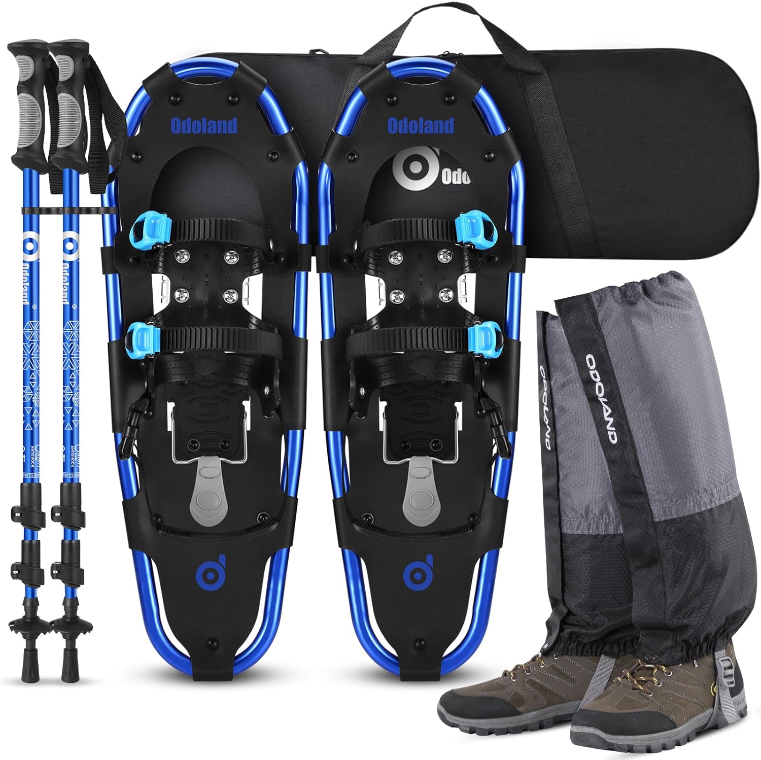 Odoland 4-in-1 Snowshoes for Men Women Youth Kids with Trekking Poles, Waterproof Snow Leg Gaiters and Carrying Tote Bag, Lightweight Snow Shoes Easy to Wear Aluminum Alloy, Size 21''/25''/30''