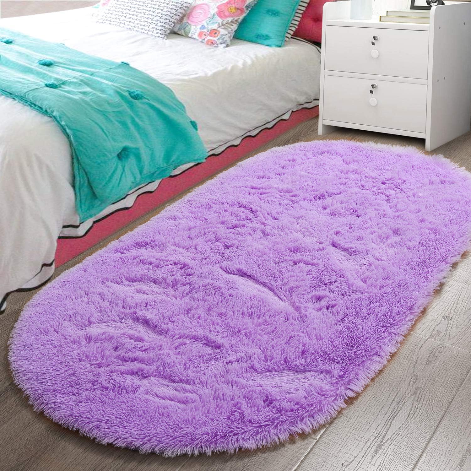 LOCHAS Fluffy Purple Bedroom Rug 2.6 x 5.3 Feet, Shaggy Area Rugs for Bedroom Bedside Girls Kids Room, Soft Oval Throw Rugs Carpets for Living Room Home Decor