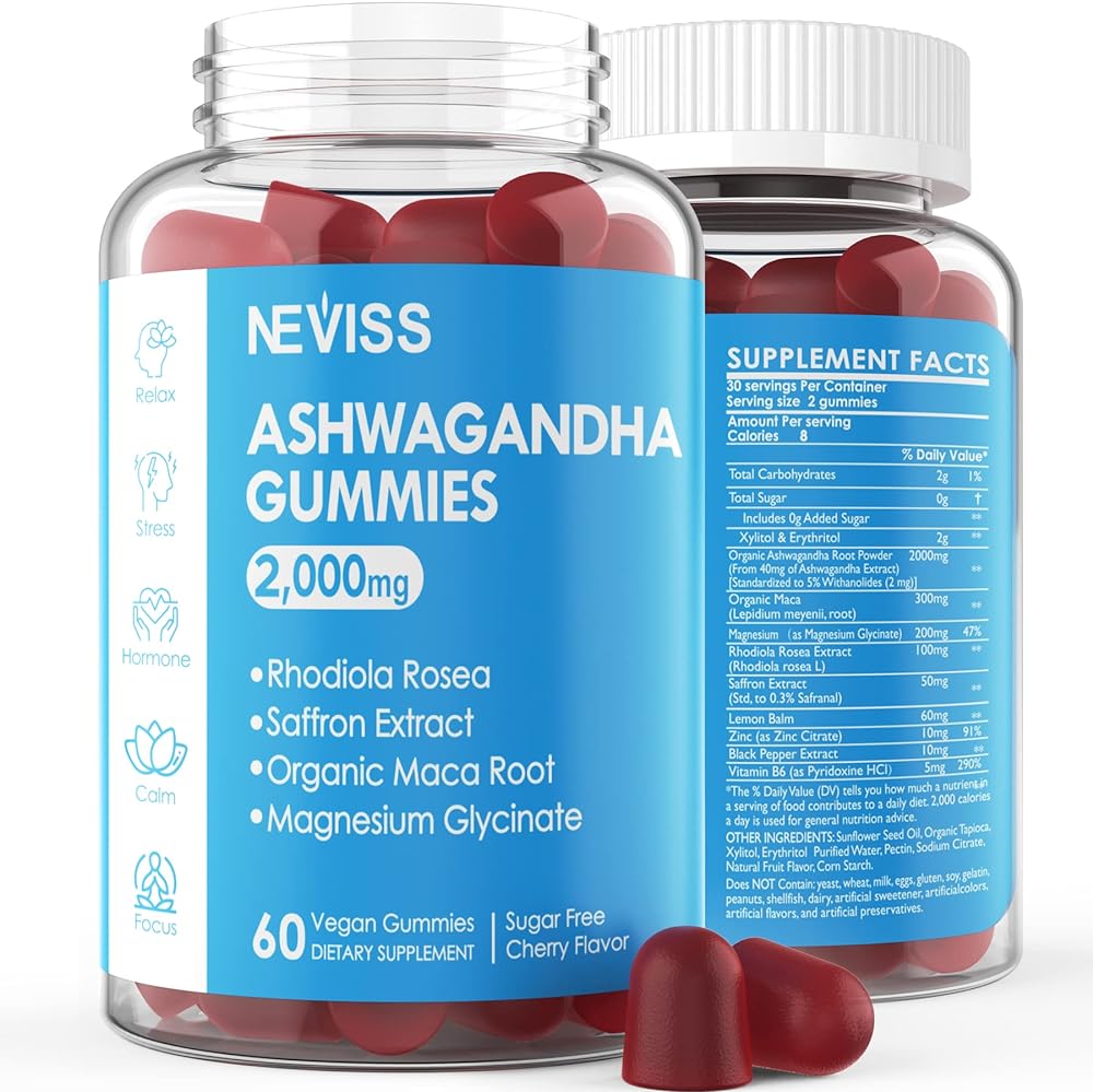 Nevissbags Sugar Free Ashwagandha Gummies 2000mg - with Magnesium Glycinate, Rhodiola Rosea, Saffron, Zinc, Lemon Balm, B6 - Relaxation Support, Natural Zzz, Stamina, Energy for Men Women - Pack of 2